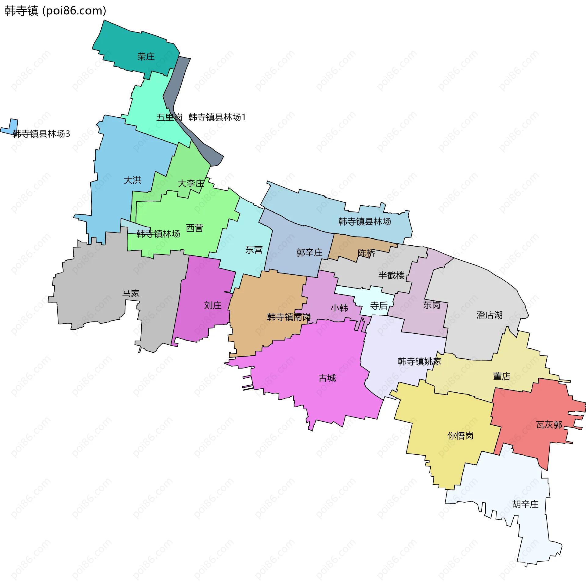 韩寺镇边界地图(五级行政区划)