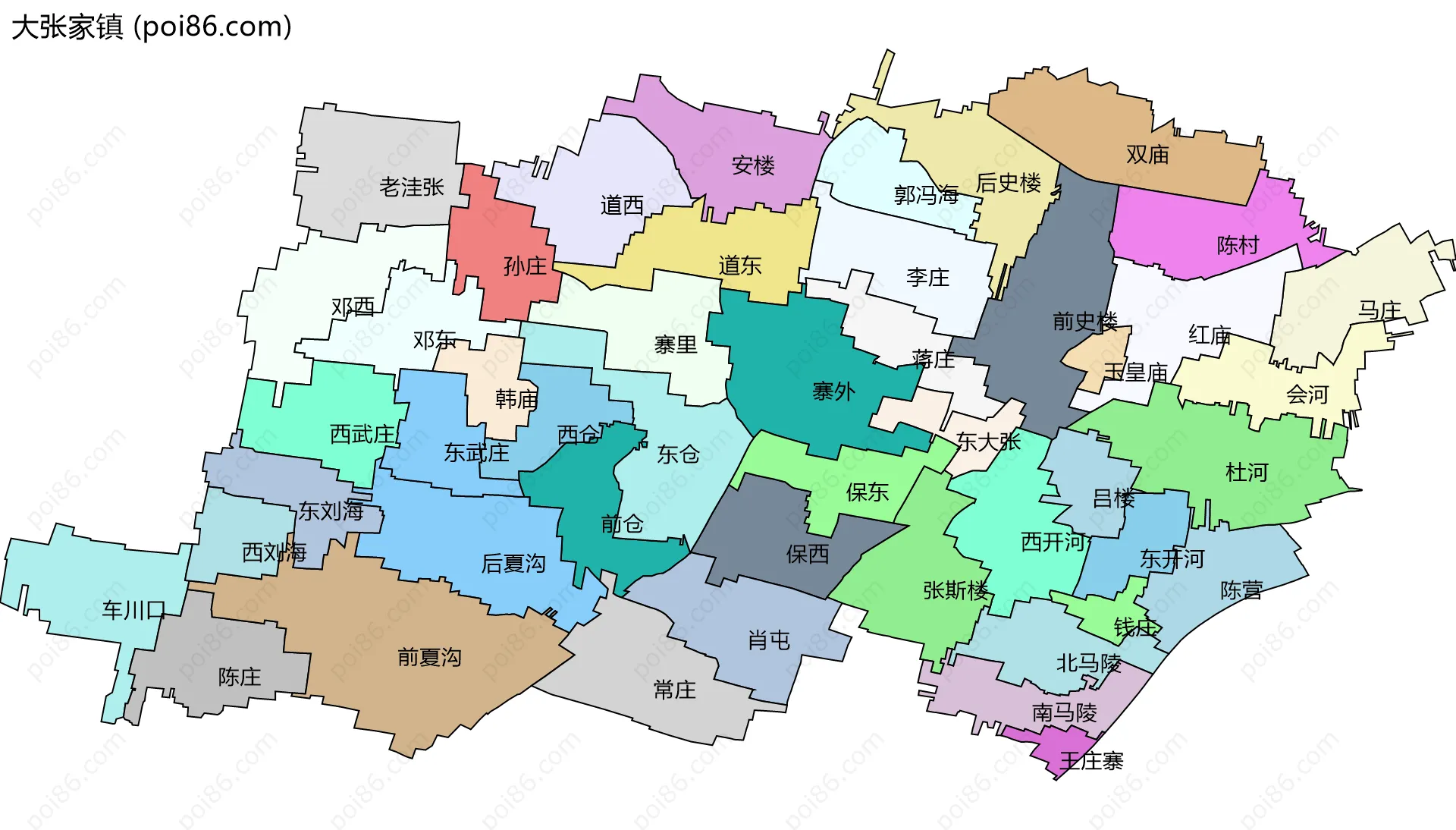 大张家镇边界地图(五级行政区划)