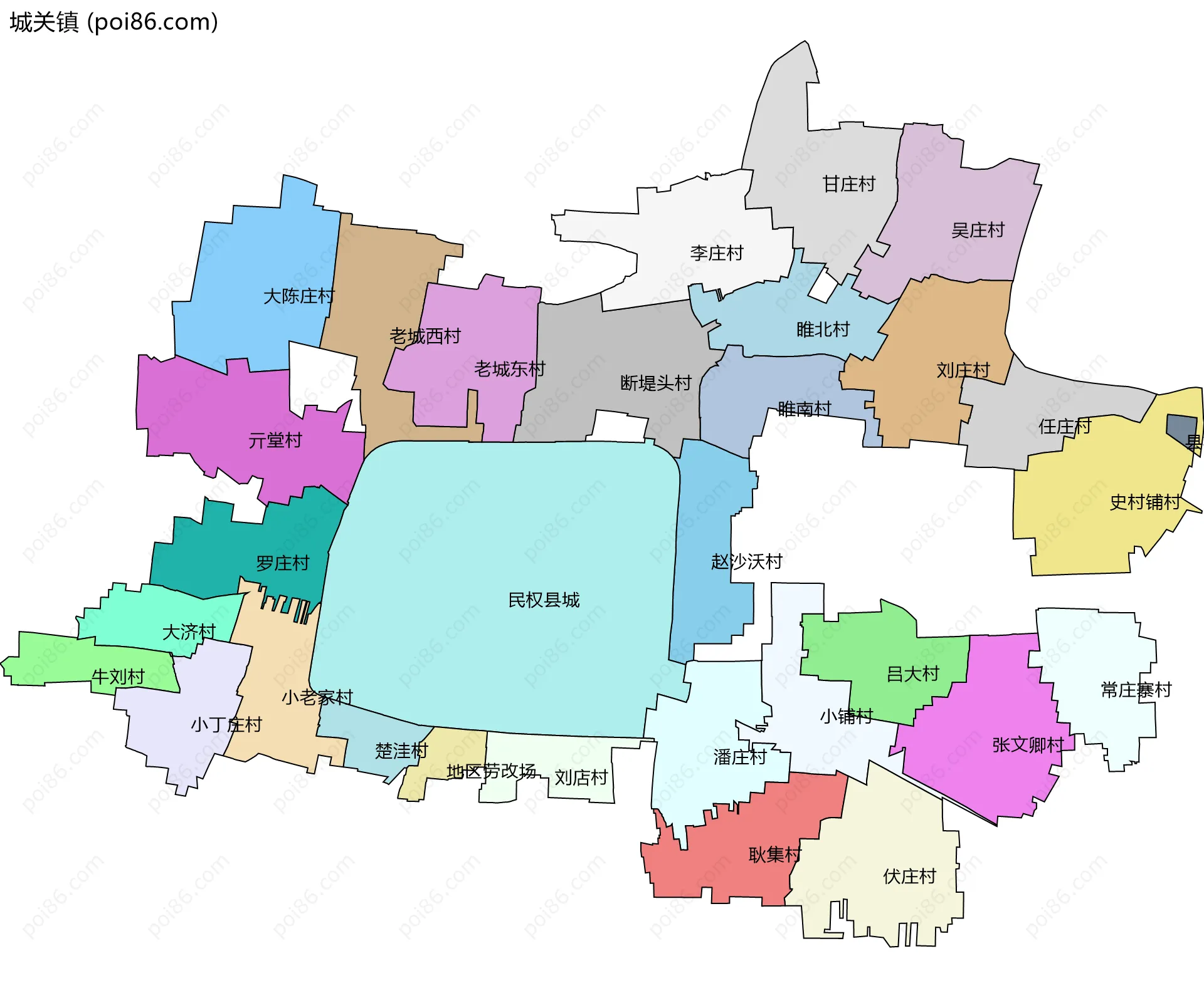 城关镇边界地图(五级行政区划)