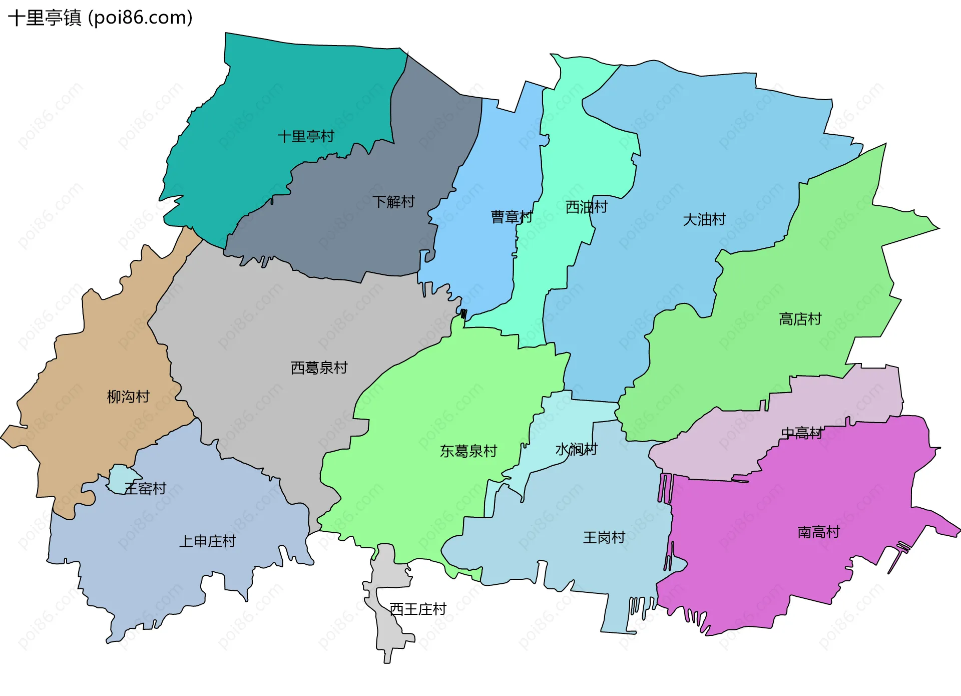 十里亭镇边界地图(五级行政区划)