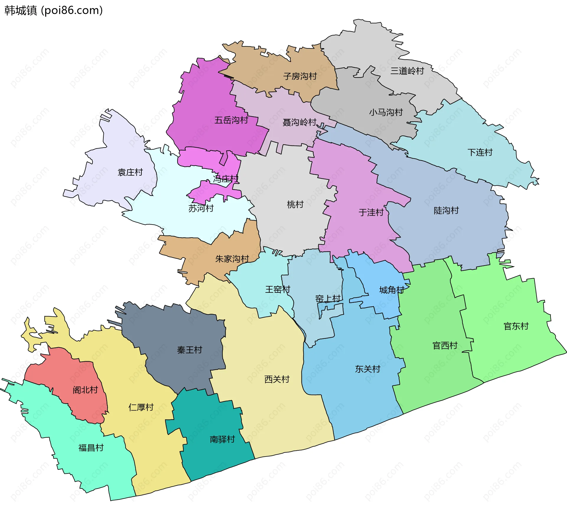 韩城镇边界地图(五级行政区划)