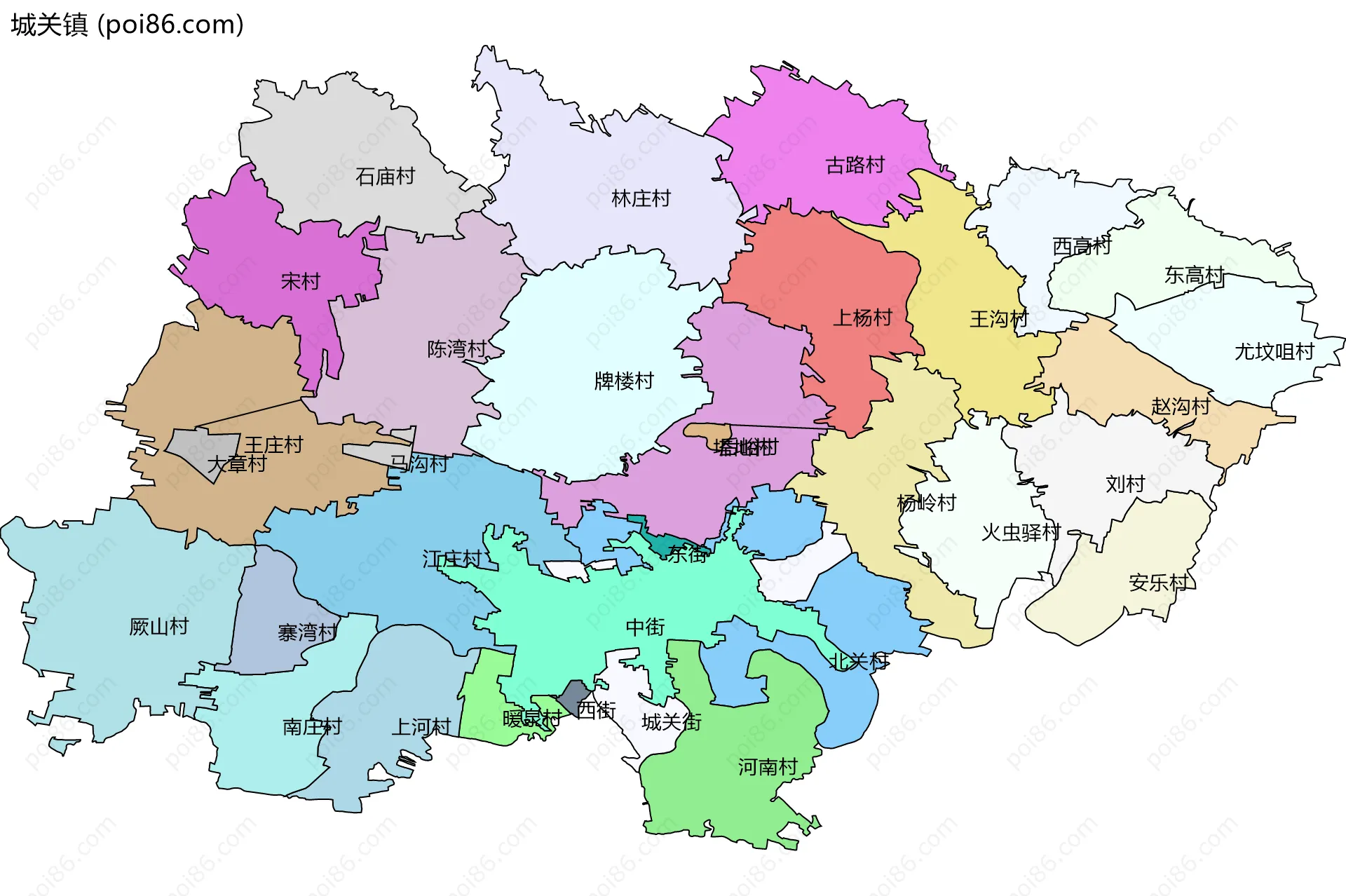 城关镇边界地图(五级行政区划)