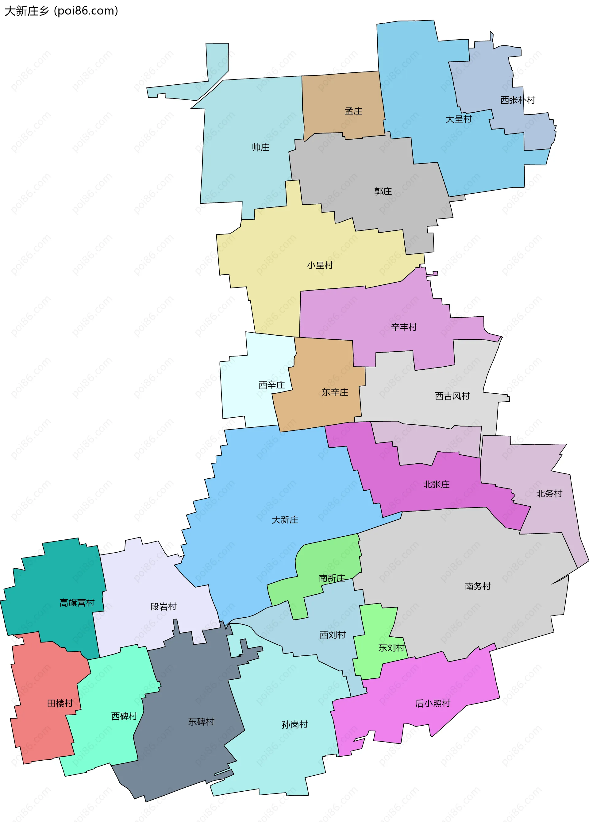 大新庄乡边界地图(五级行政区划)