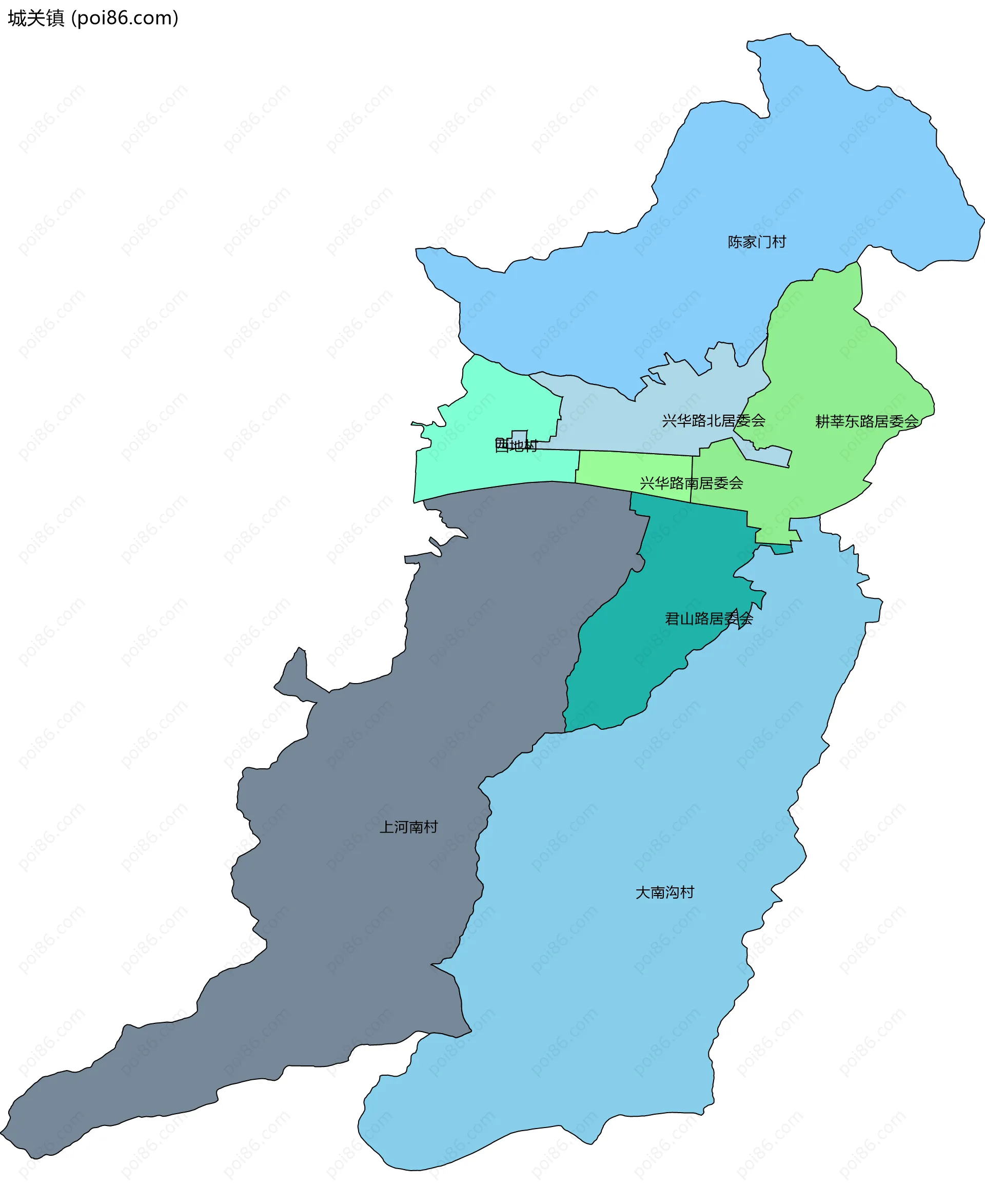 城关镇边界地图(五级行政区划)