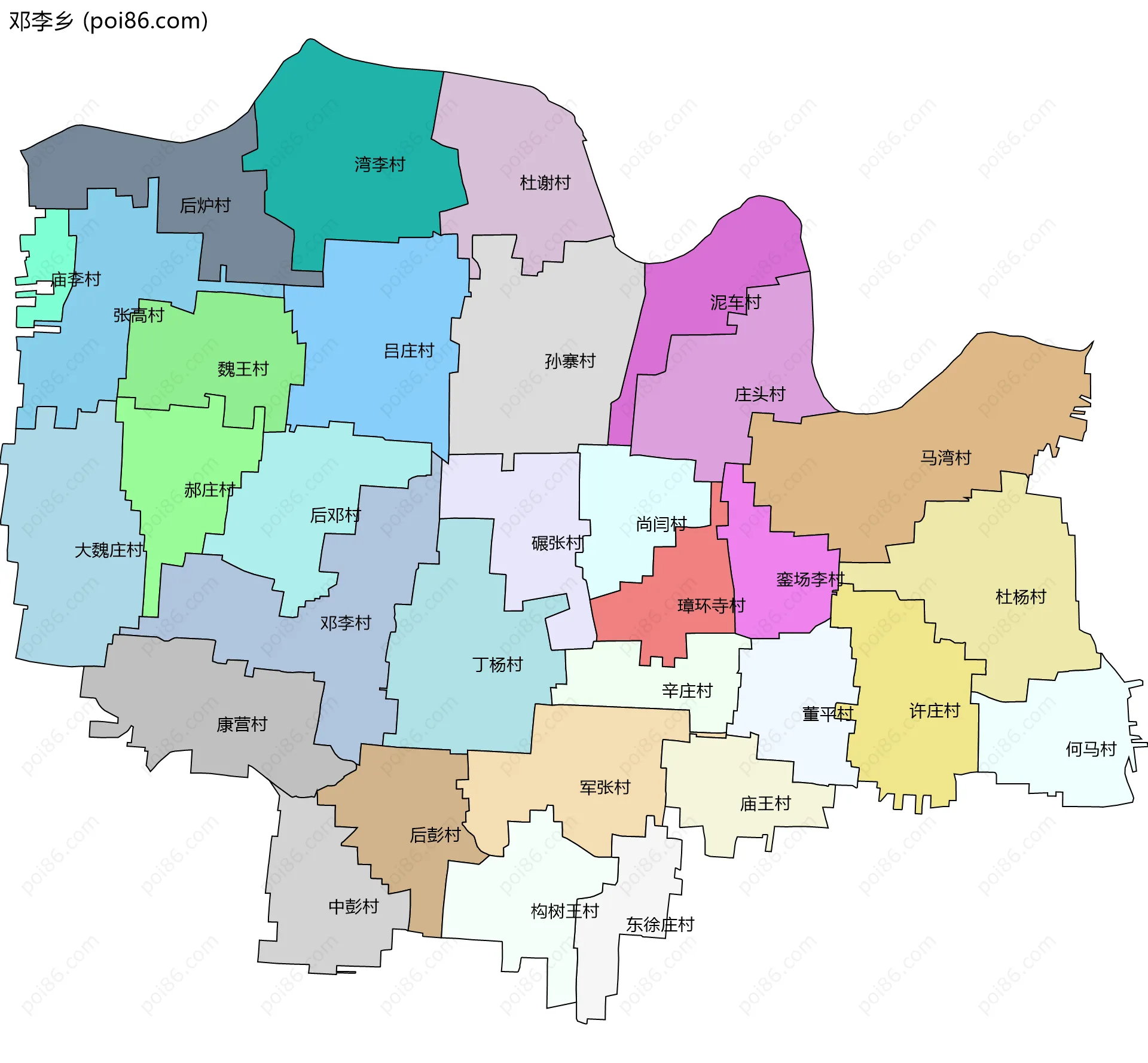 邓李乡边界地图(五级行政区划)