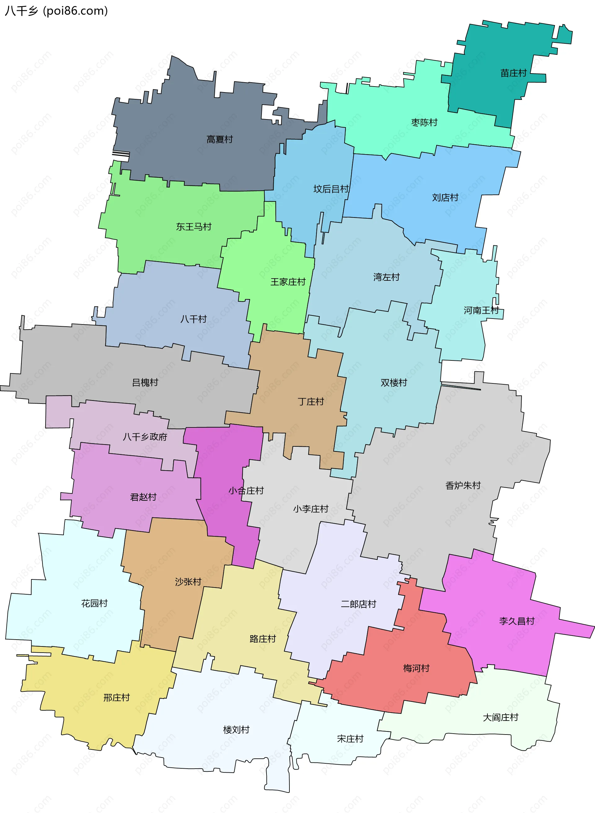 八千乡边界地图(五级行政区划)