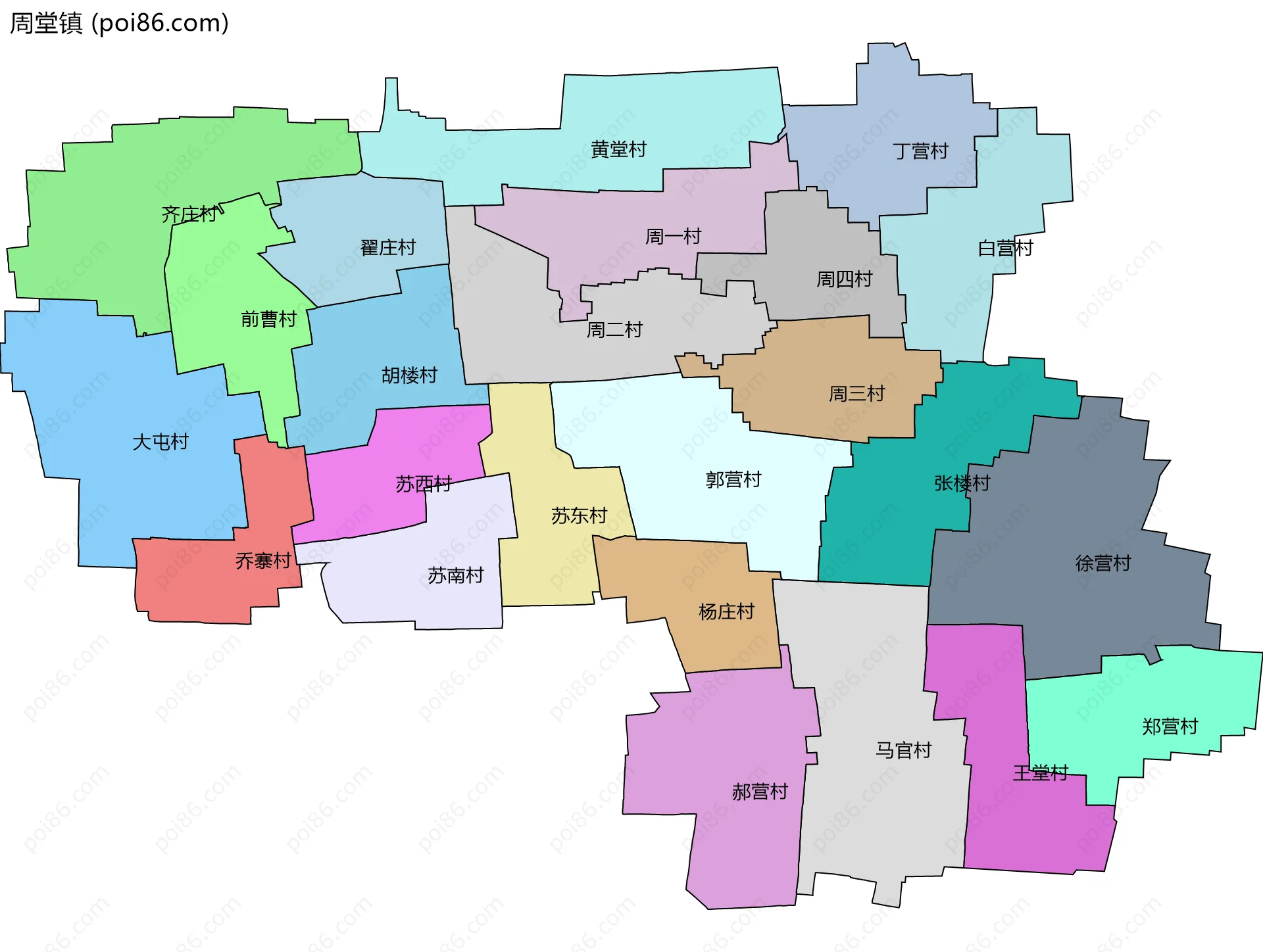 周堂镇边界地图(五级行政区划)