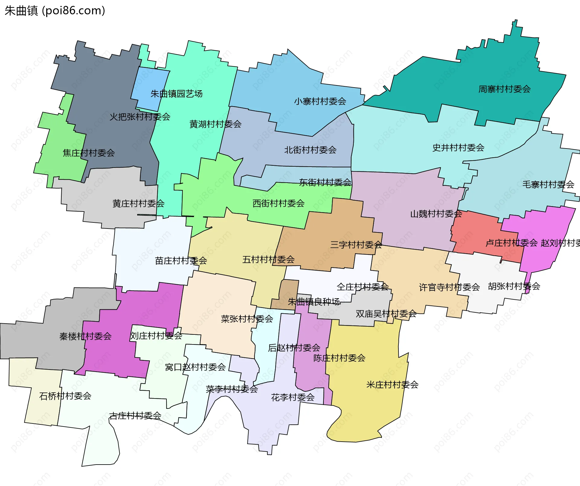 朱曲镇边界地图(五级行政区划)
