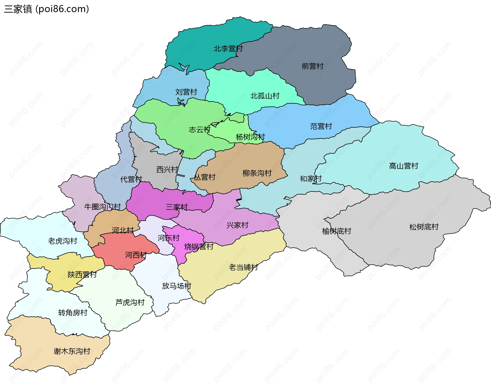 三家镇边界地图(五级行政区划)