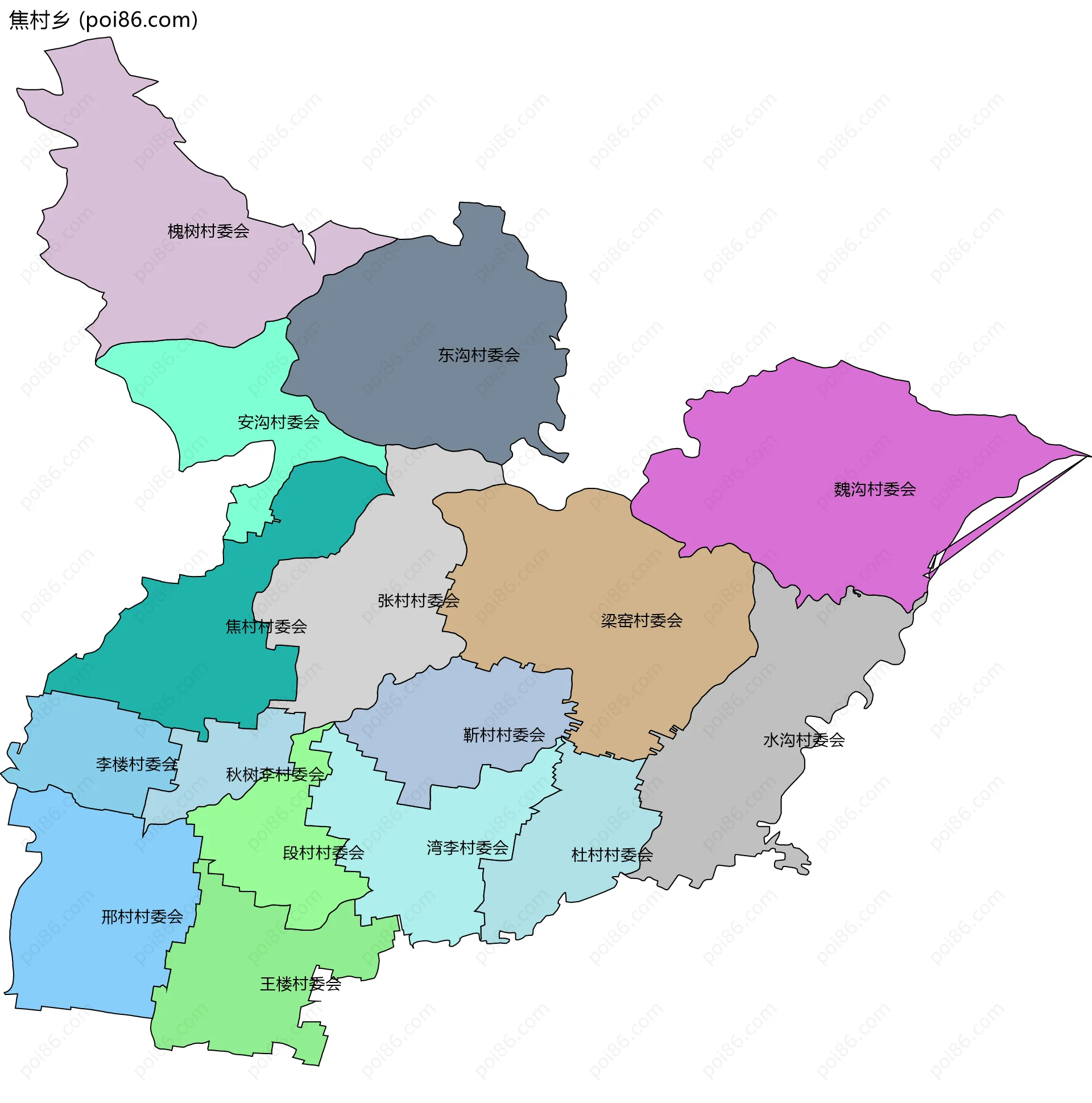 焦村乡边界地图(五级行政区划)