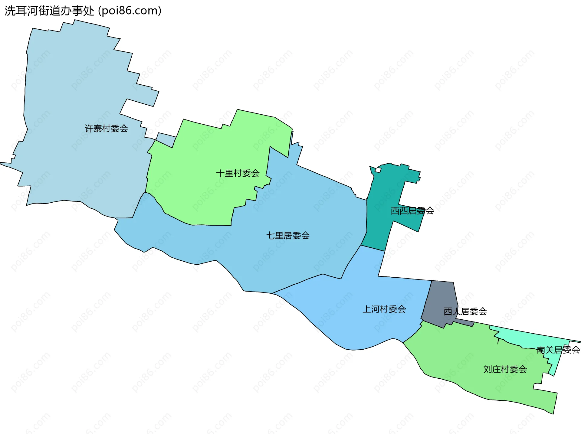 洗耳河街道办事处边界地图(五级行政区划)