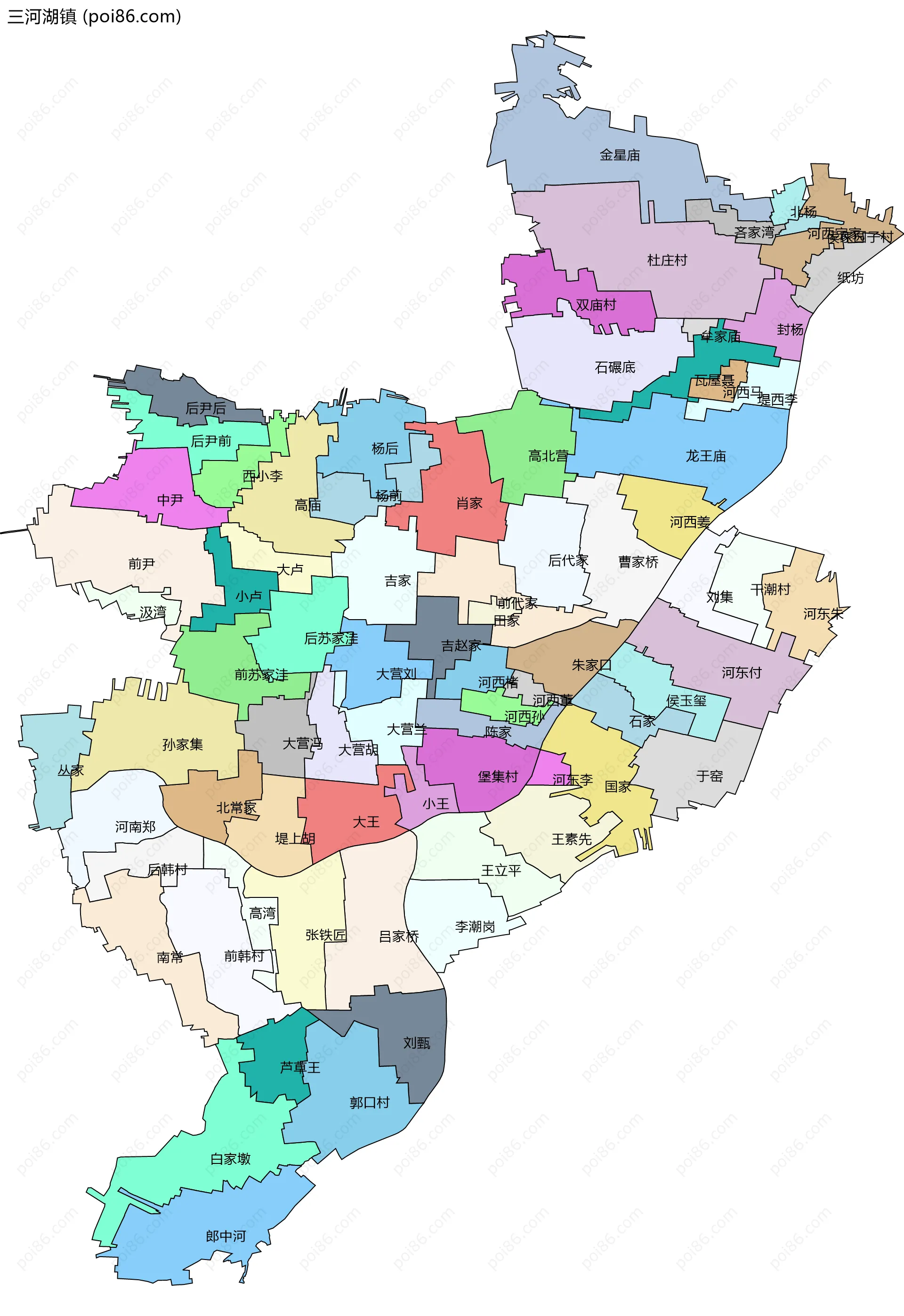 三河湖镇边界地图(五级行政区划)