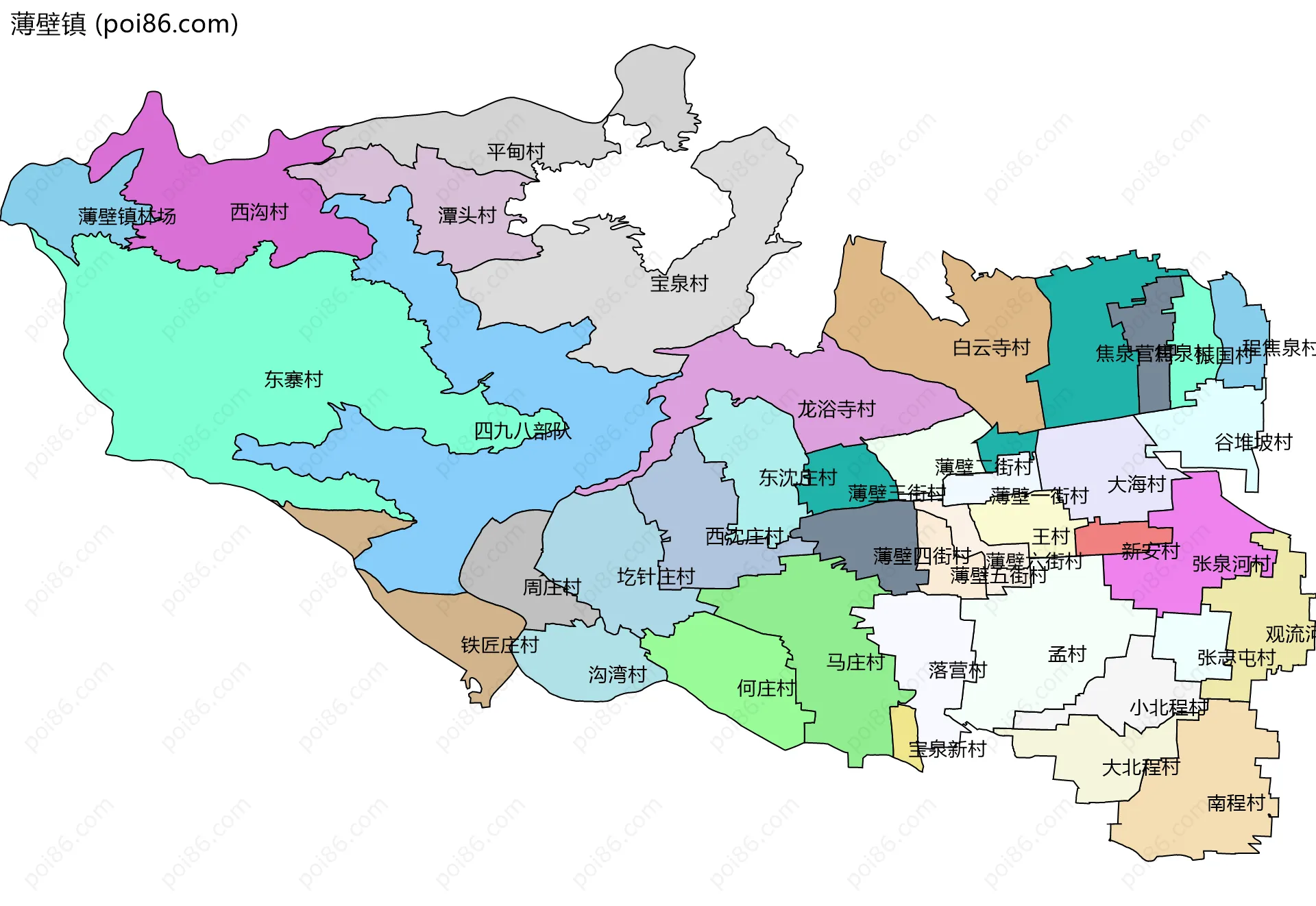 薄壁镇边界地图(五级行政区划)