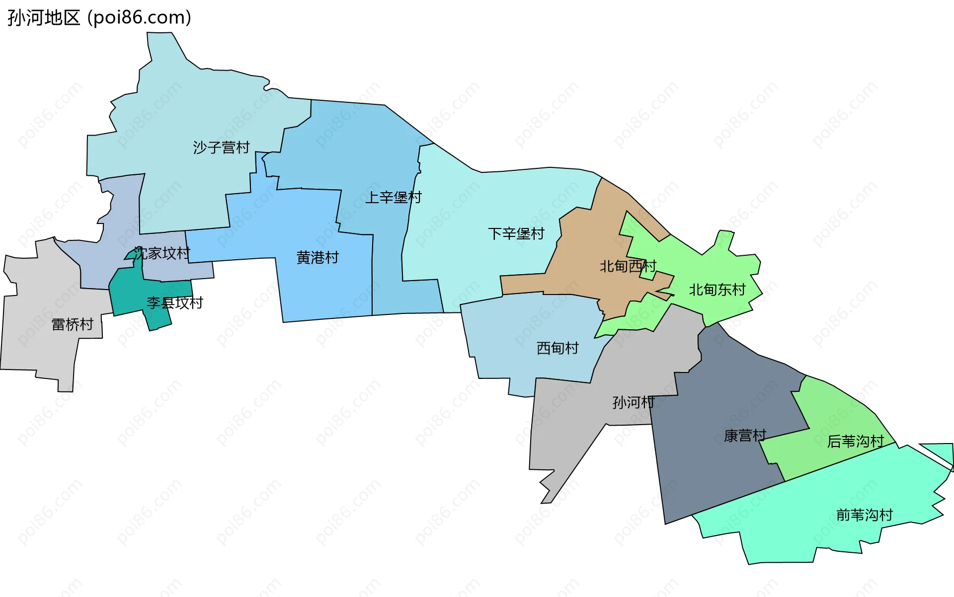 孙河地区边界地图(五级行政区划)