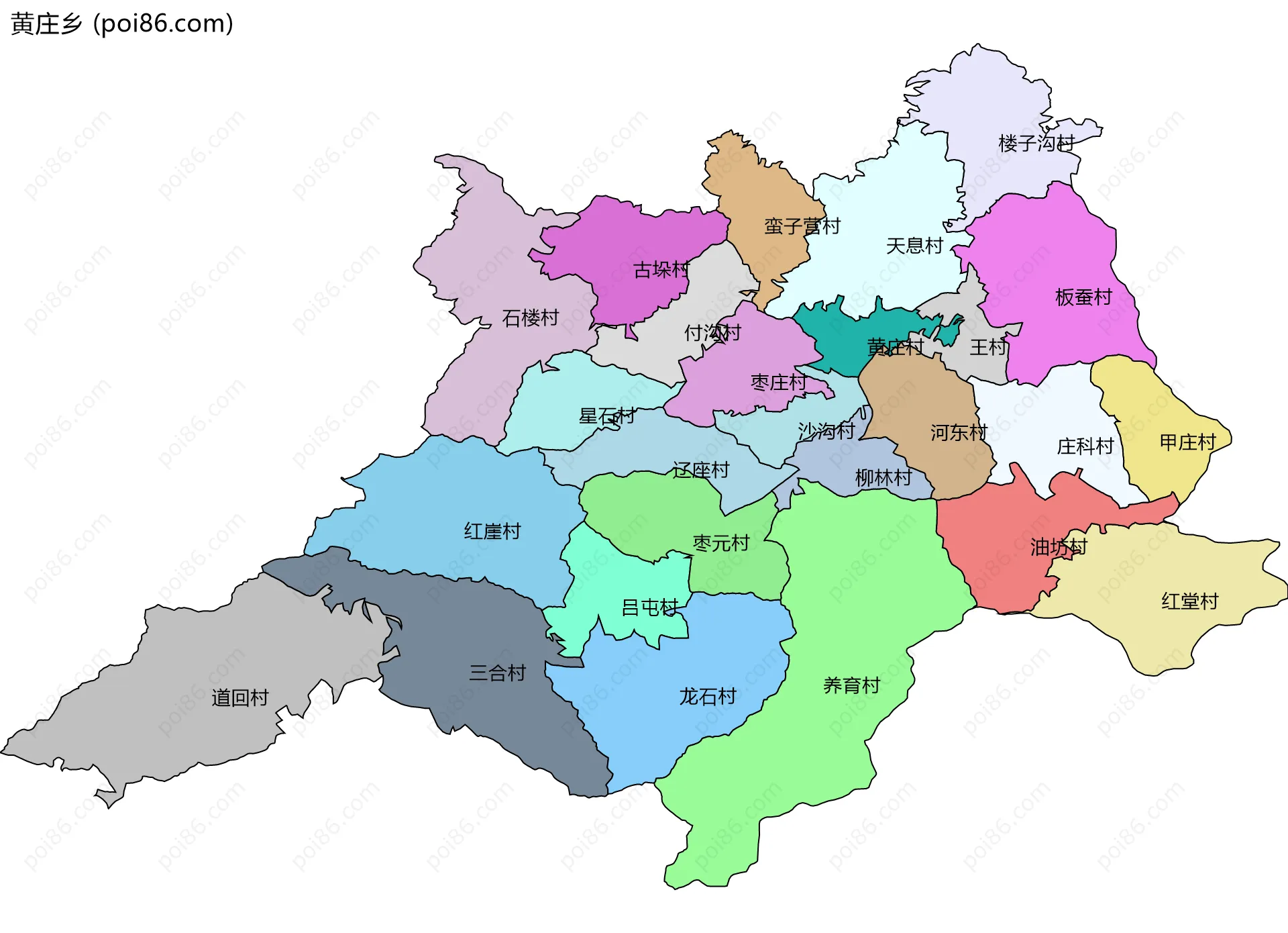 黄庄乡边界地图(五级行政区划)
