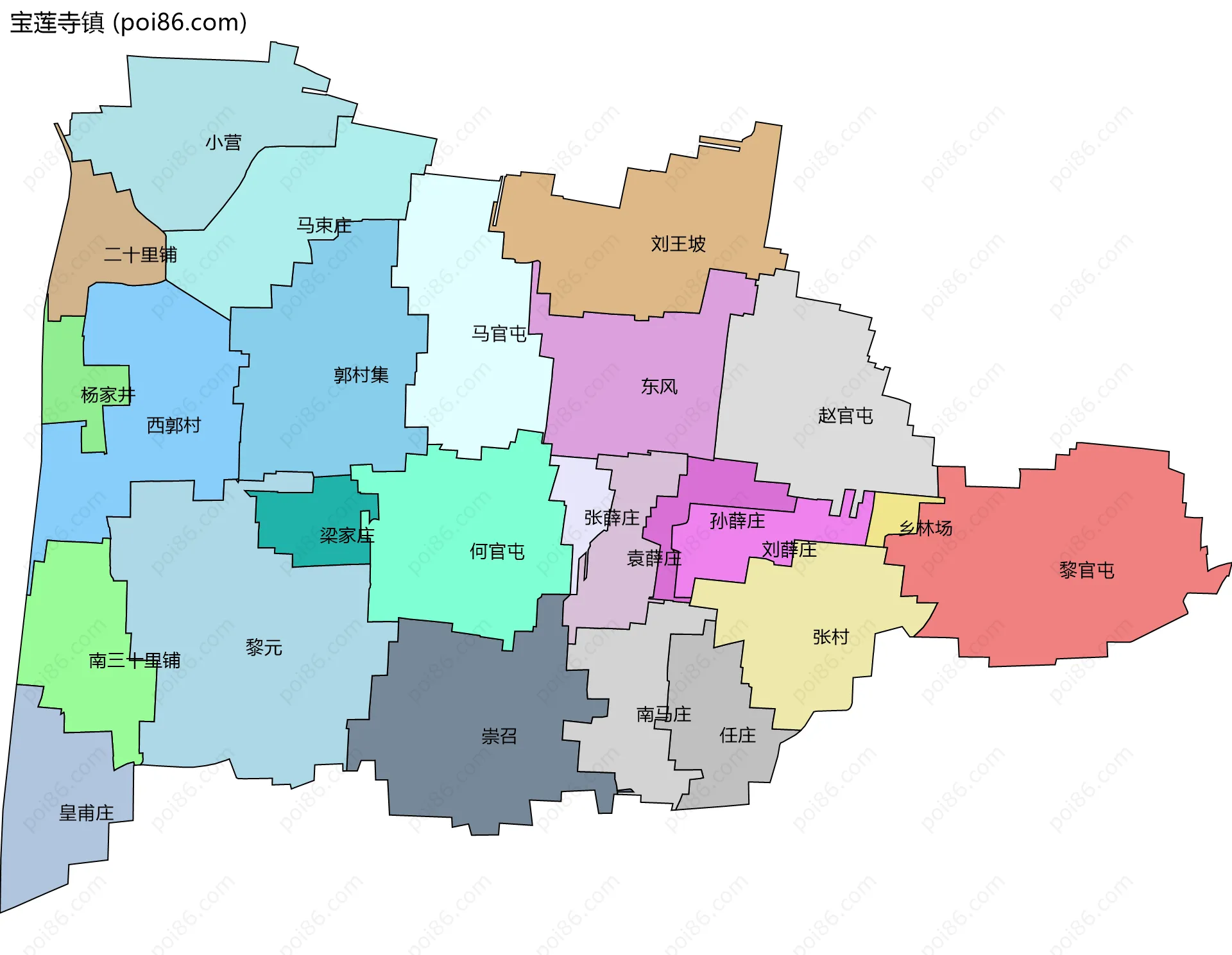 宝莲寺镇边界地图(五级行政区划)