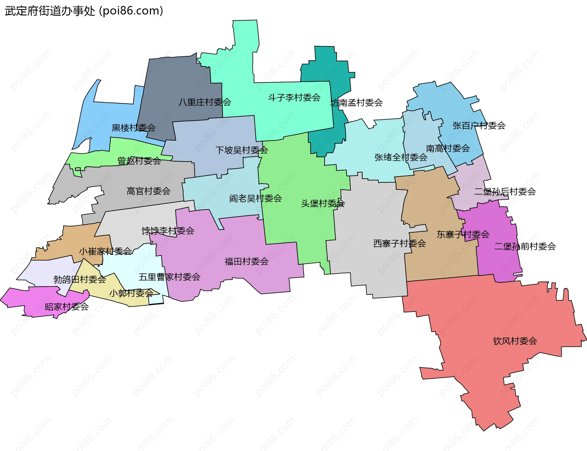 武定府街道办事处边界地图(五级行政区划)