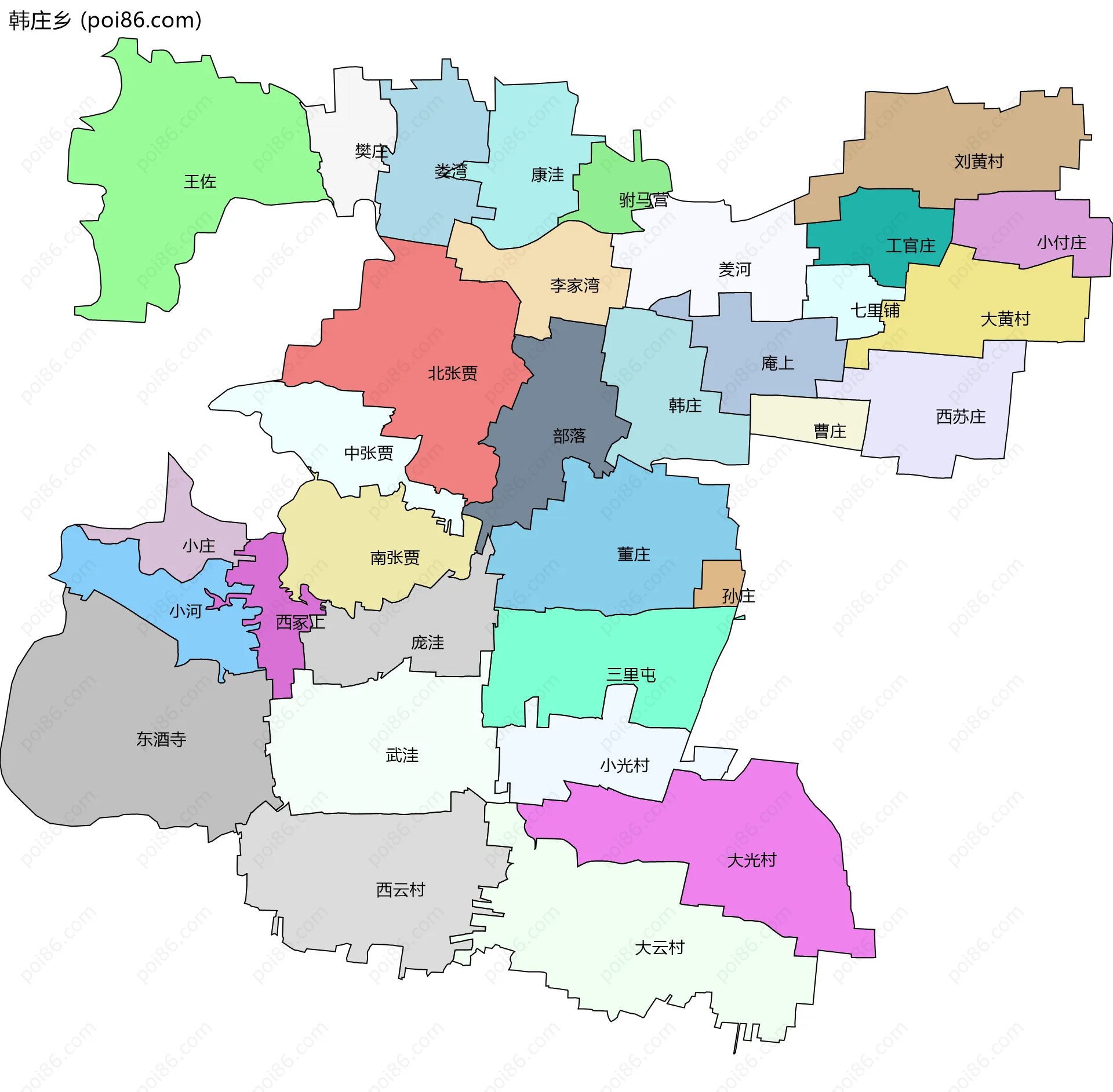 韩庄乡边界地图(五级行政区划)