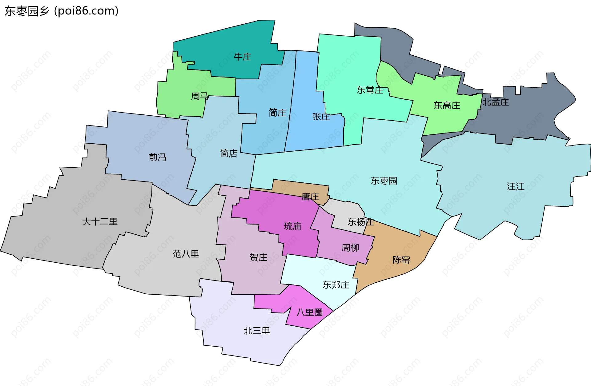 东枣园乡边界地图(五级行政区划)