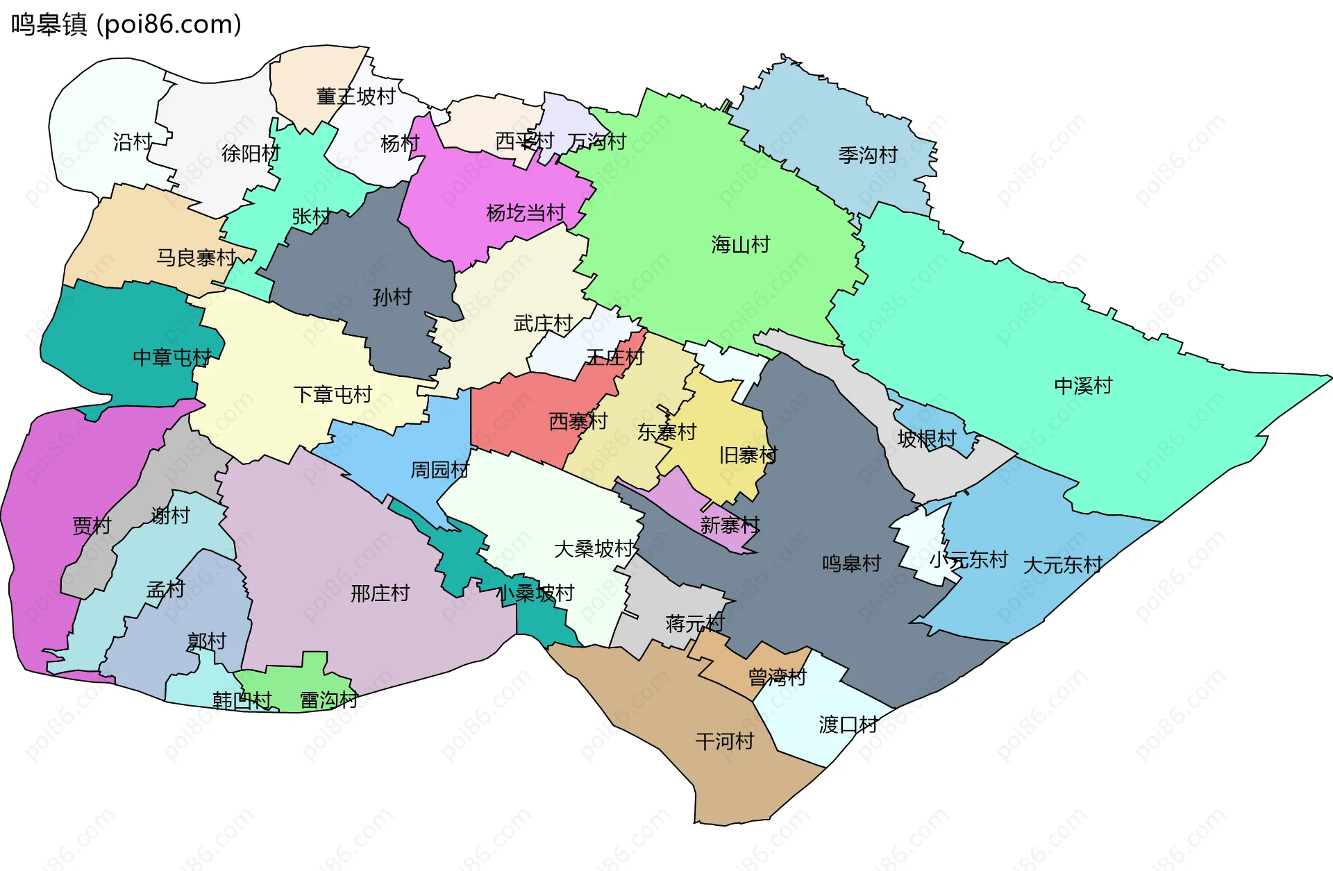鸣皋镇边界地图(五级行政区划)
