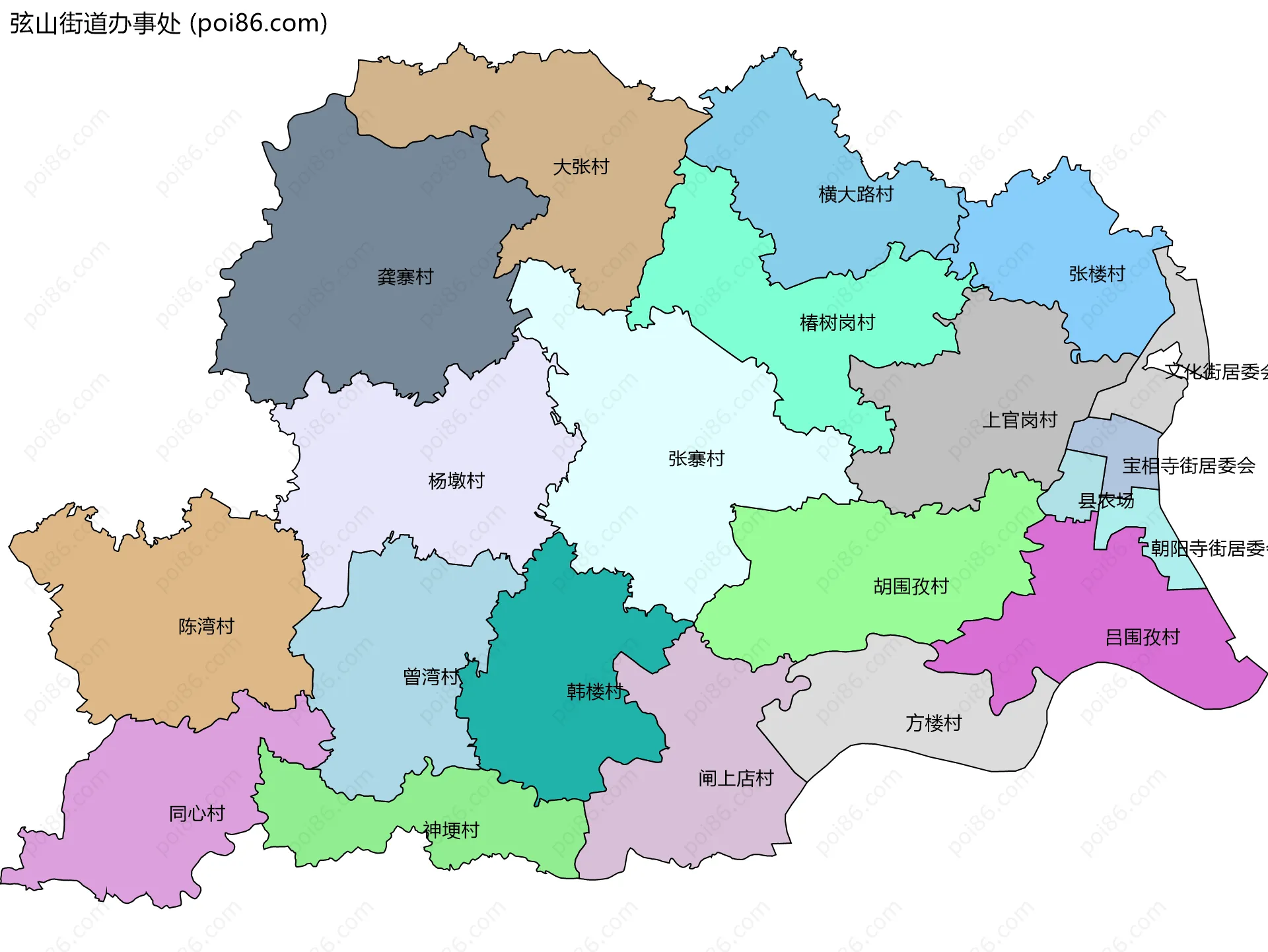 弦山街道办事处边界地图(五级行政区划)