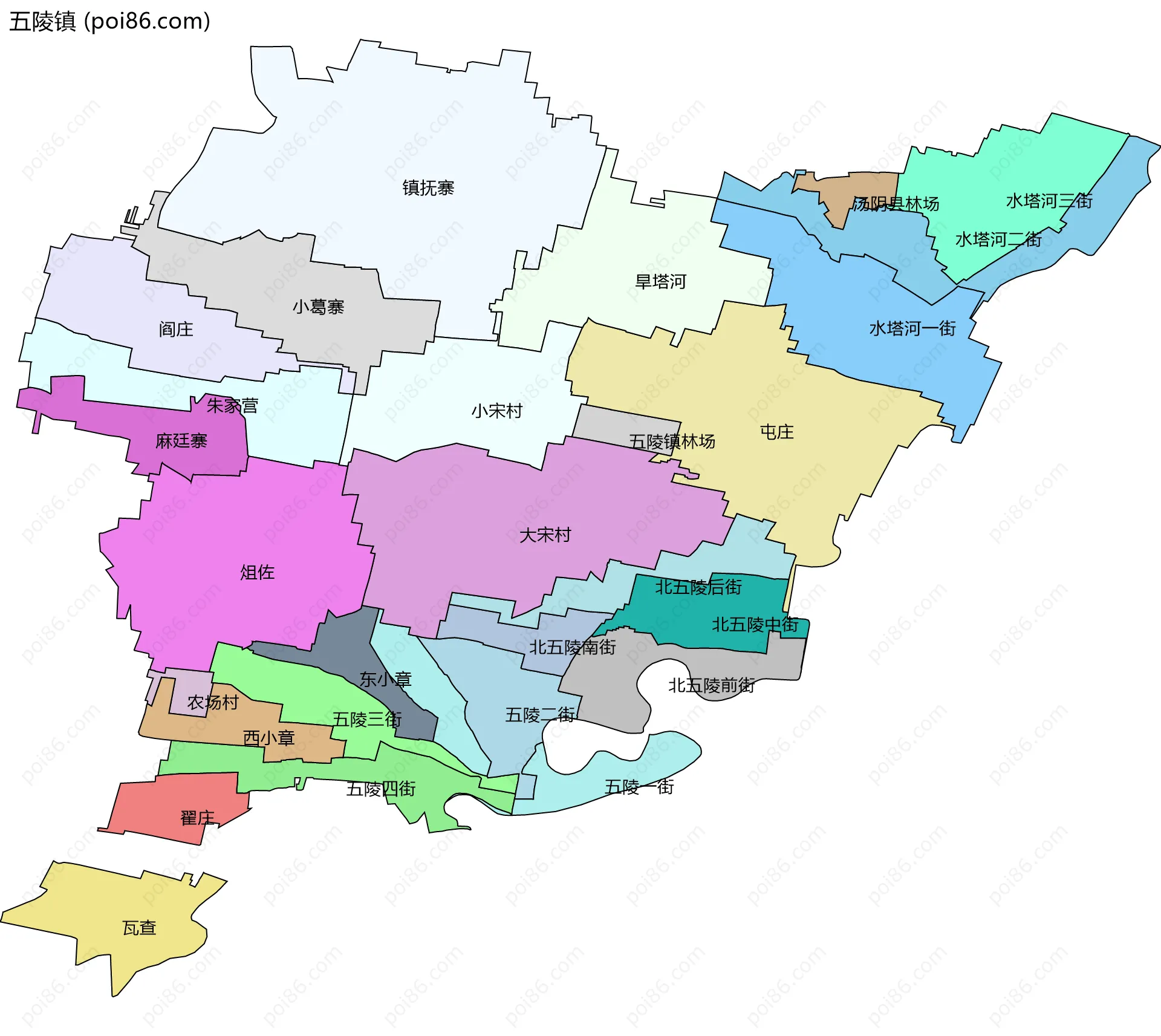 五陵镇边界地图(五级行政区划)