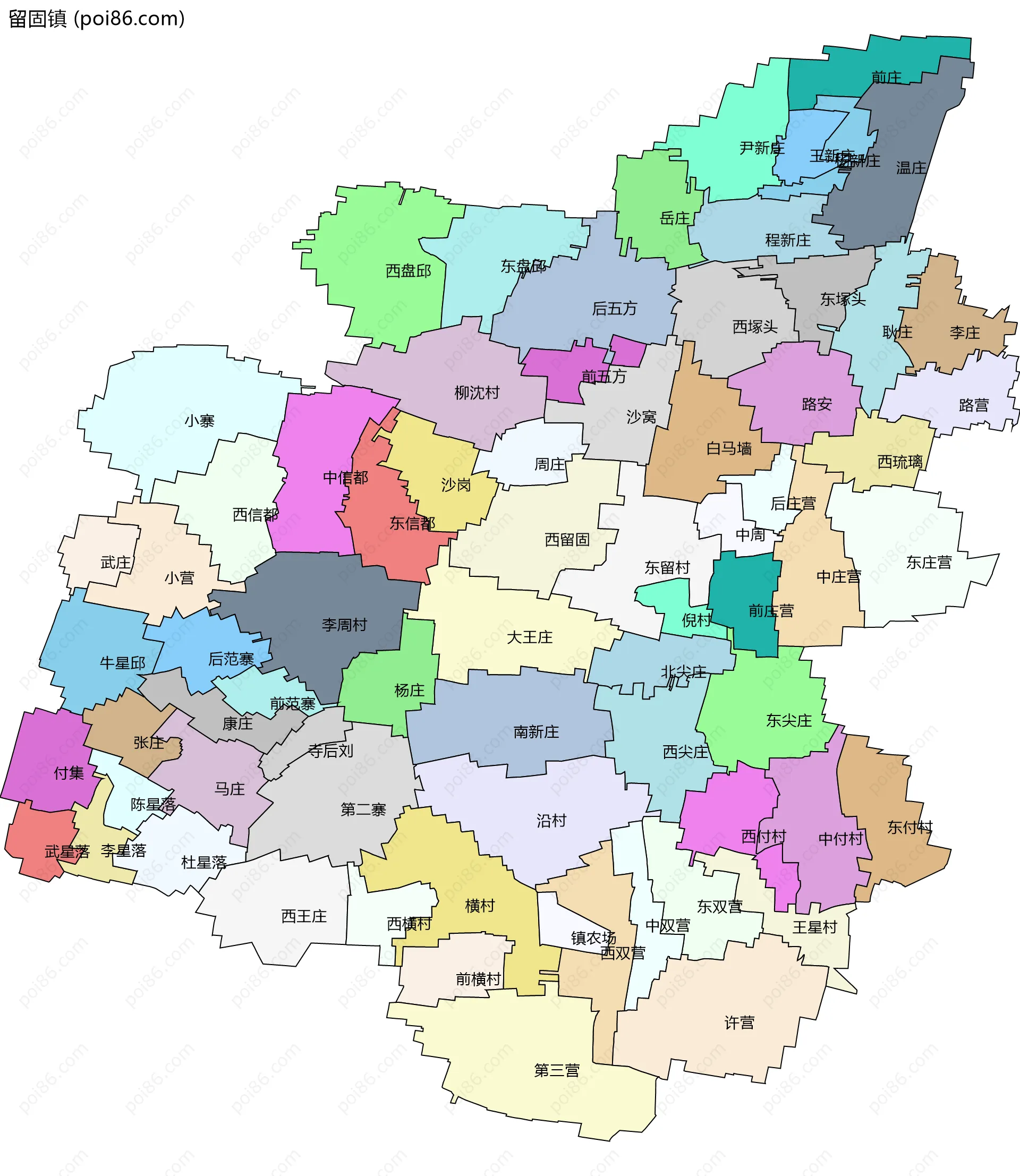 留固镇边界地图(五级行政区划)