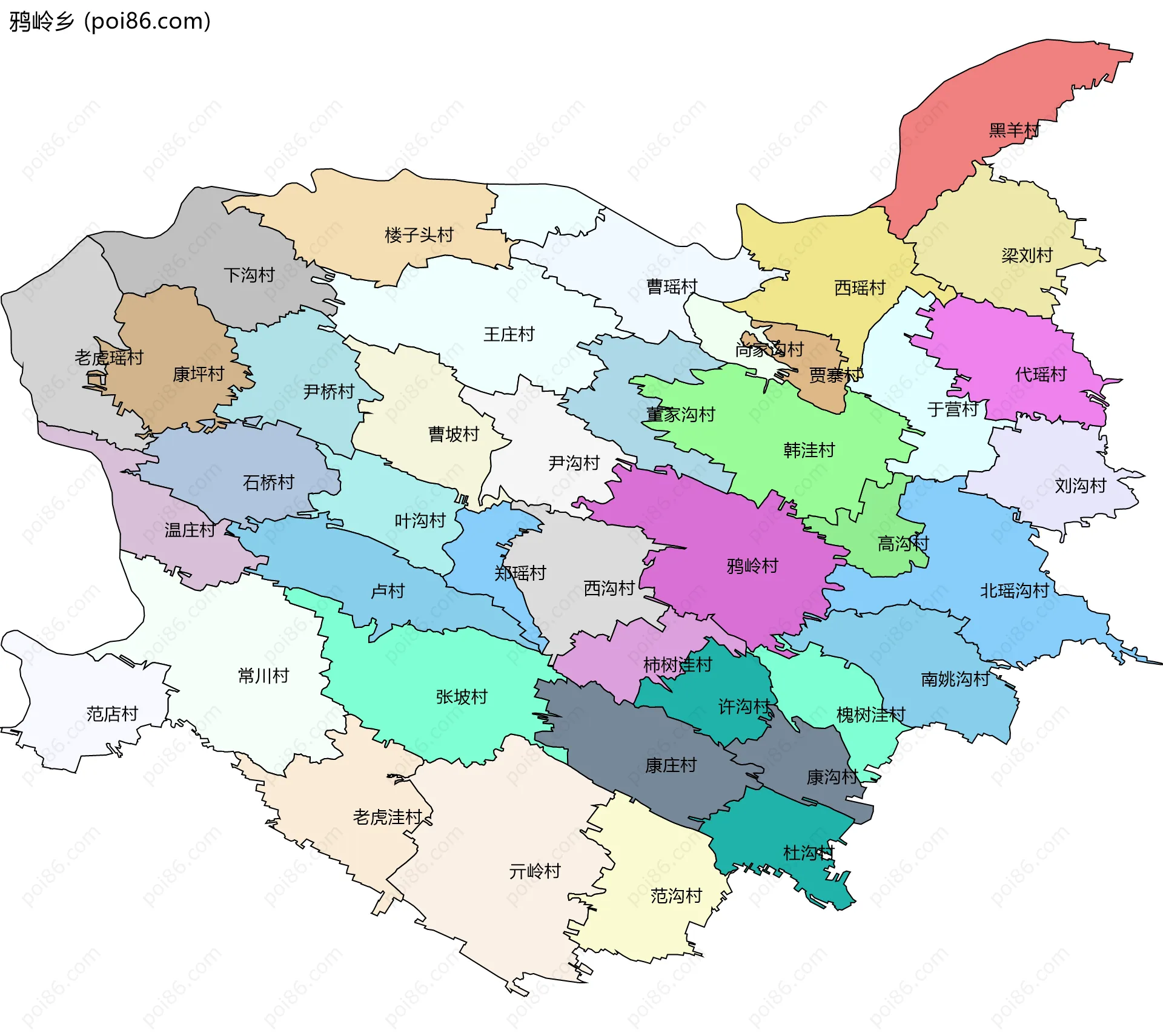 鸦岭乡边界地图(五级行政区划)