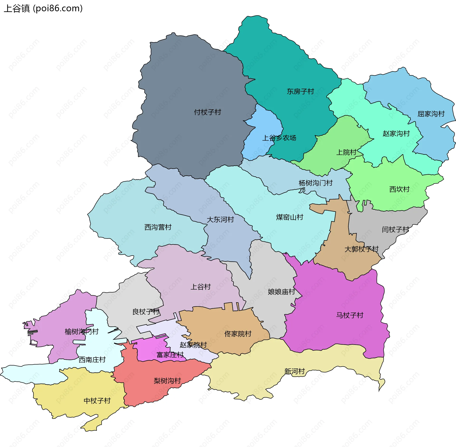 上谷镇边界地图(五级行政区划)