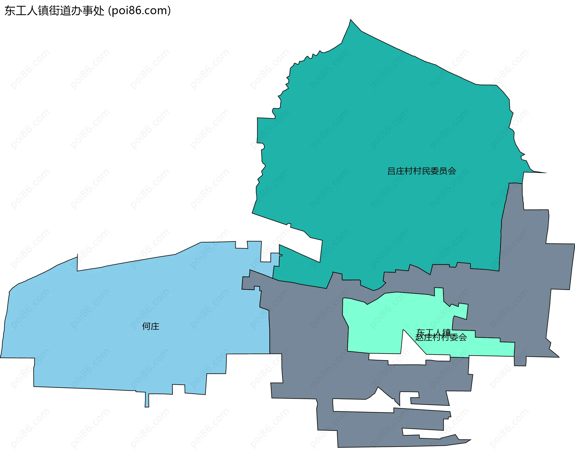 东工人镇街道办事处边界地图(五级行政区划)