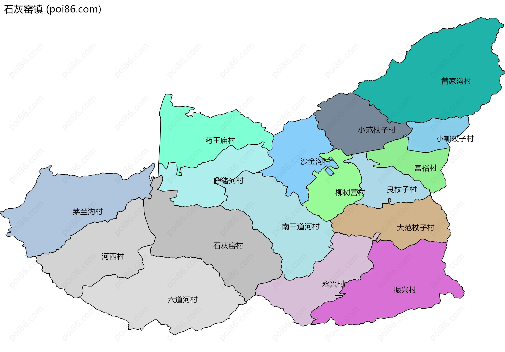 石灰窑镇边界地图(五级行政区划)