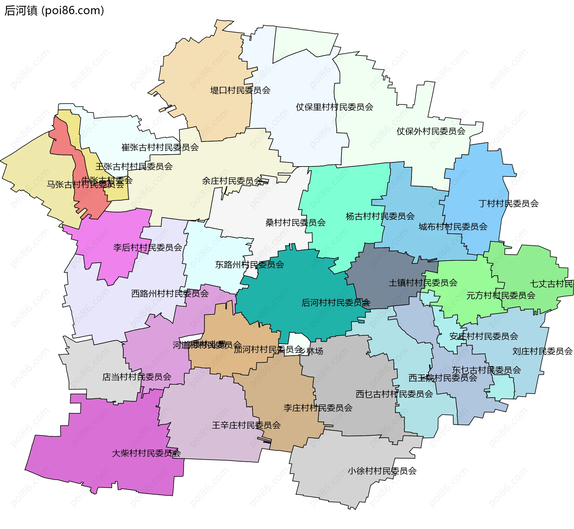 后河镇边界地图(五级行政区划)