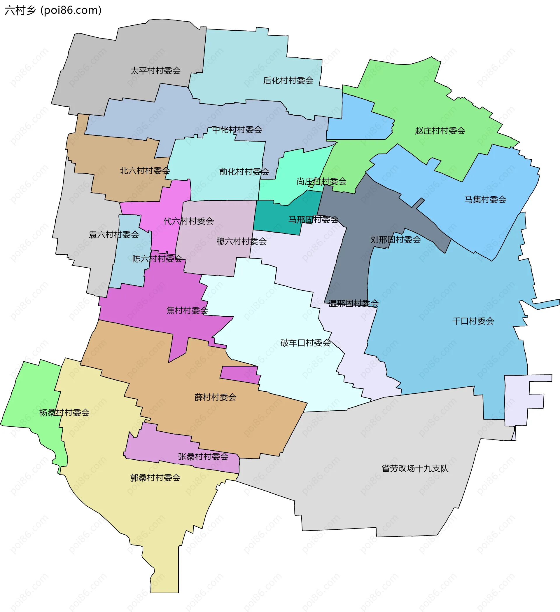 六村乡边界地图(五级行政区划)