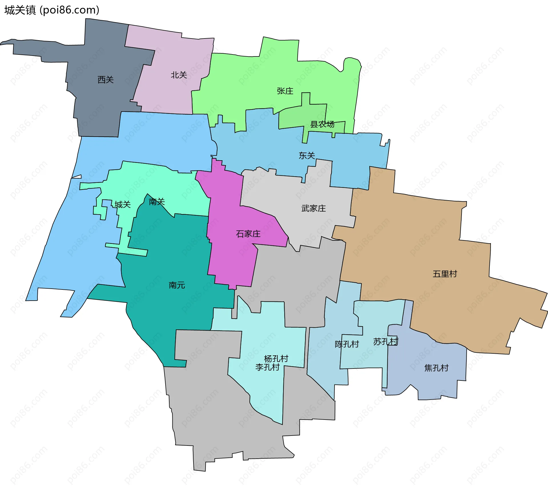城关镇边界地图(五级行政区划)