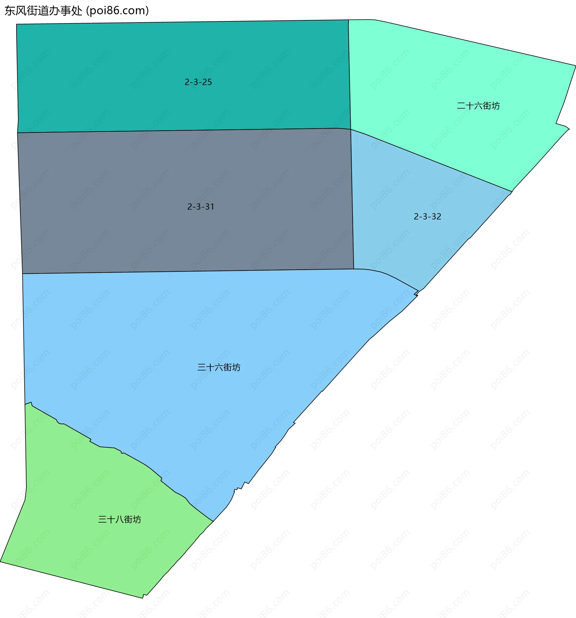 东风街道办事处边界地图(五级行政区划)