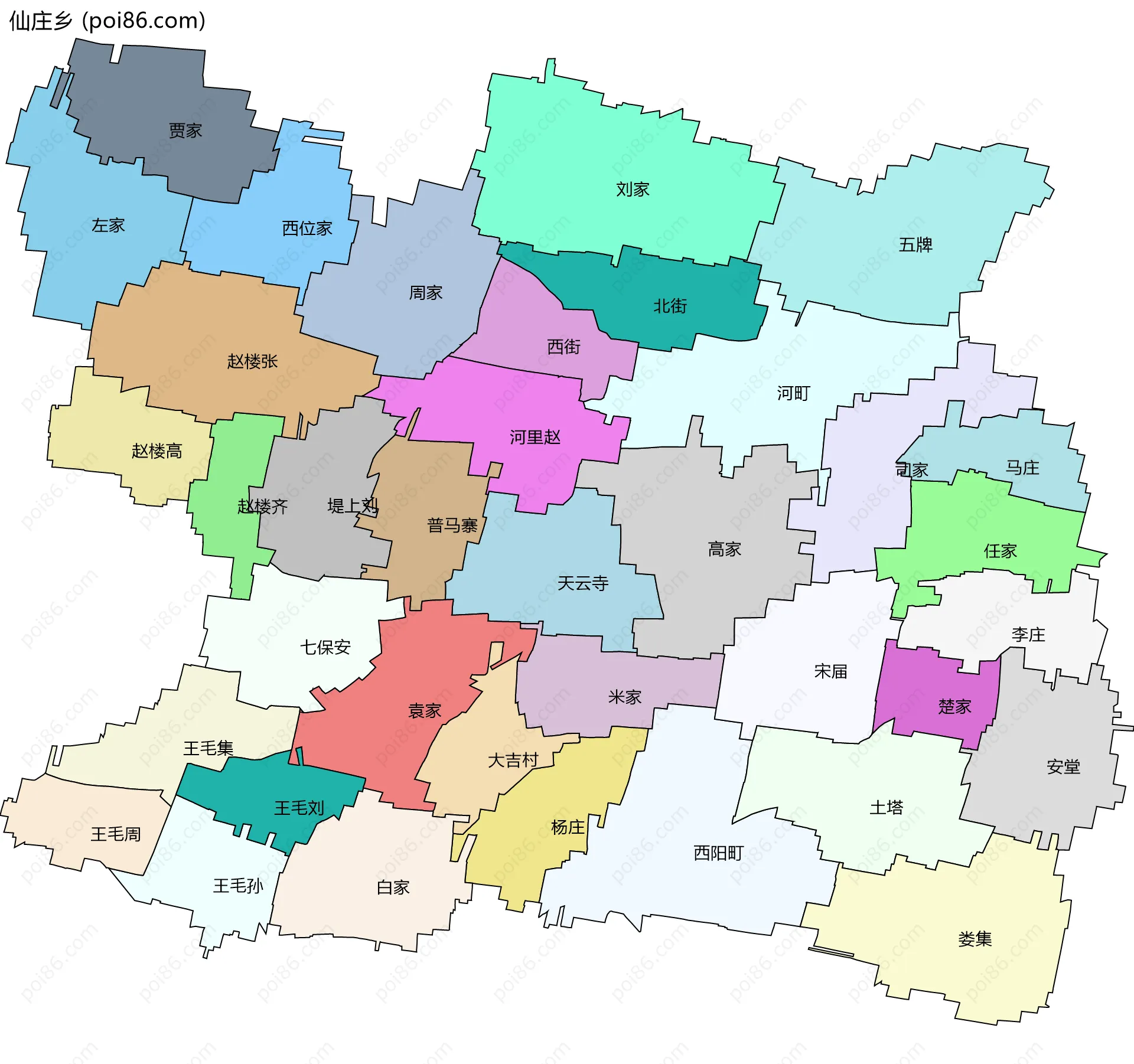 仙庄乡边界地图(五级行政区划)
