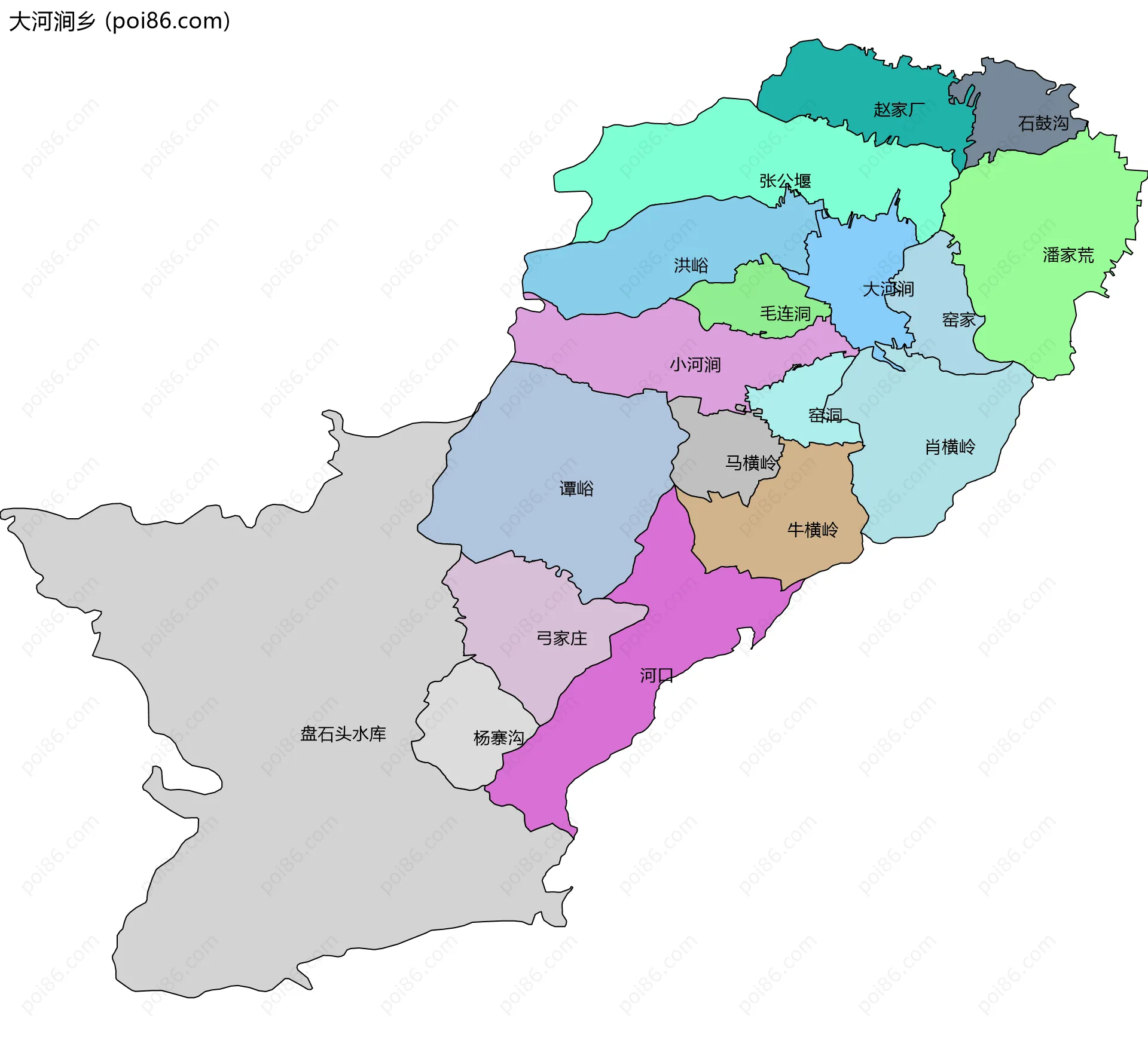 大河涧乡边界地图(五级行政区划)