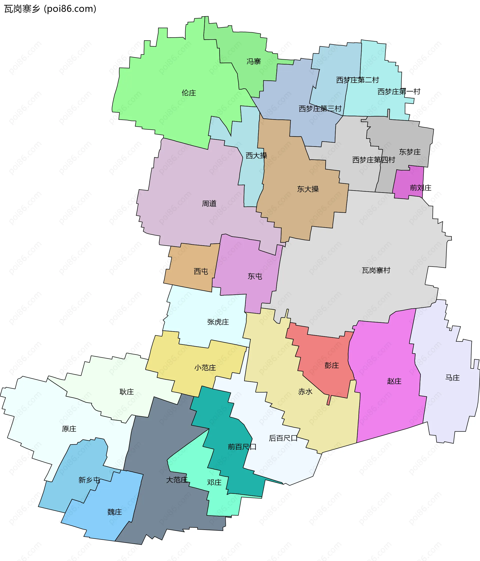 瓦岗寨乡边界地图(五级行政区划)