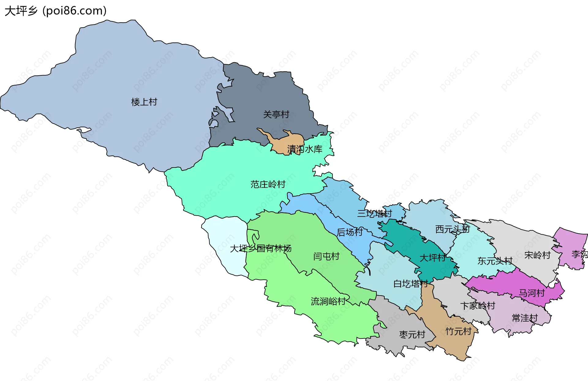 大坪乡边界地图(五级行政区划)