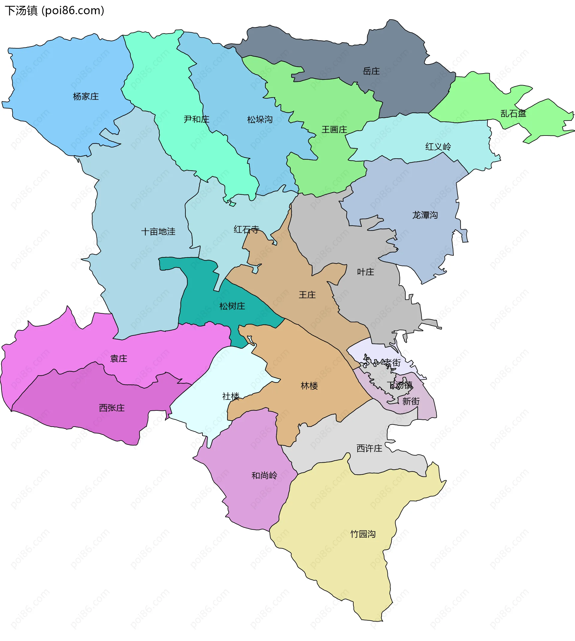 下汤镇边界地图(五级行政区划)