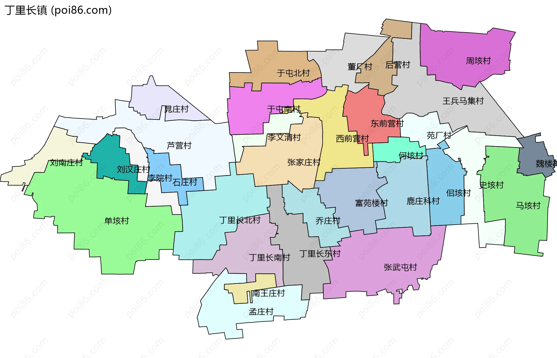 丁里长镇边界地图(五级行政区划)