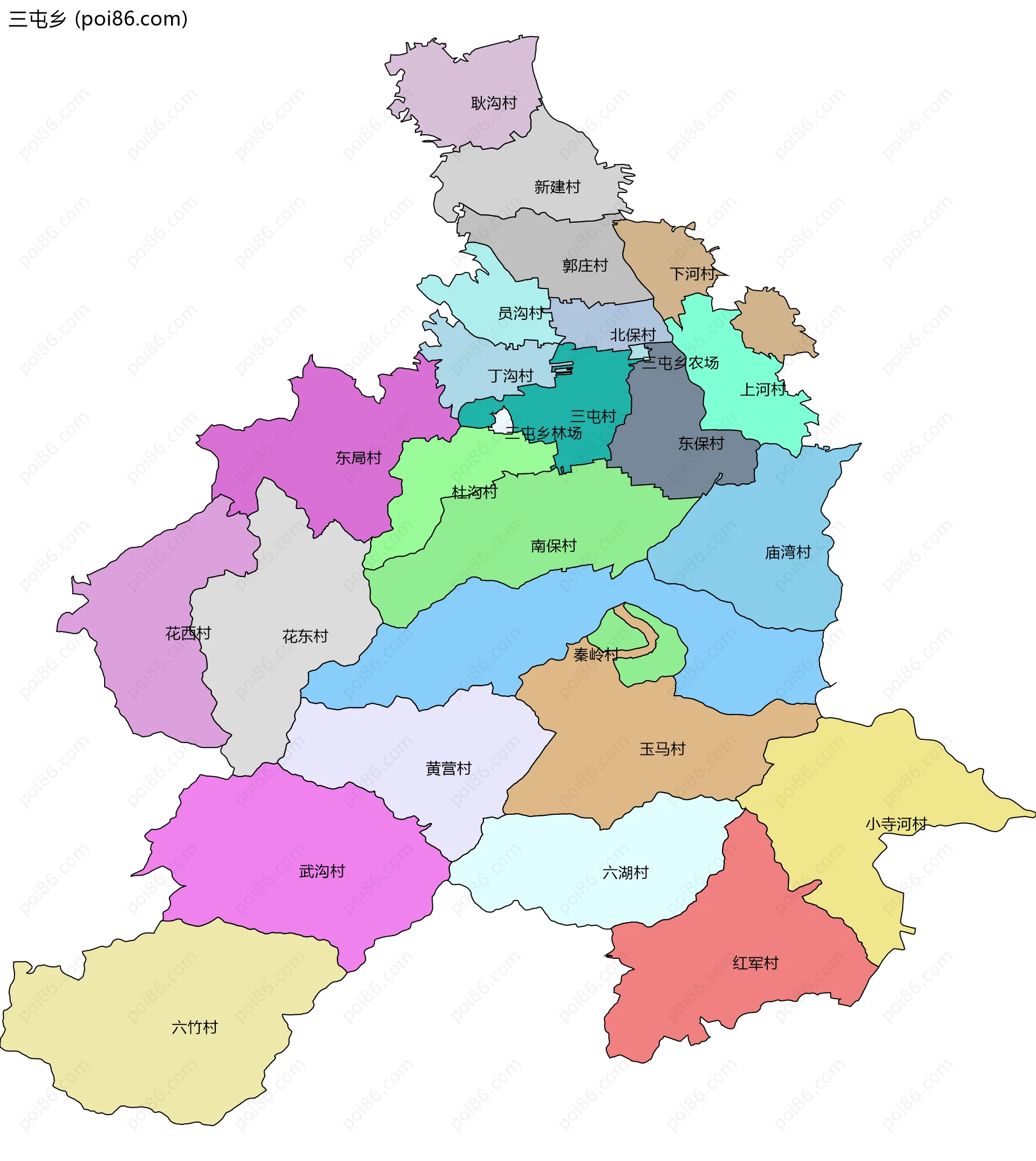 三屯乡边界地图(五级行政区划)