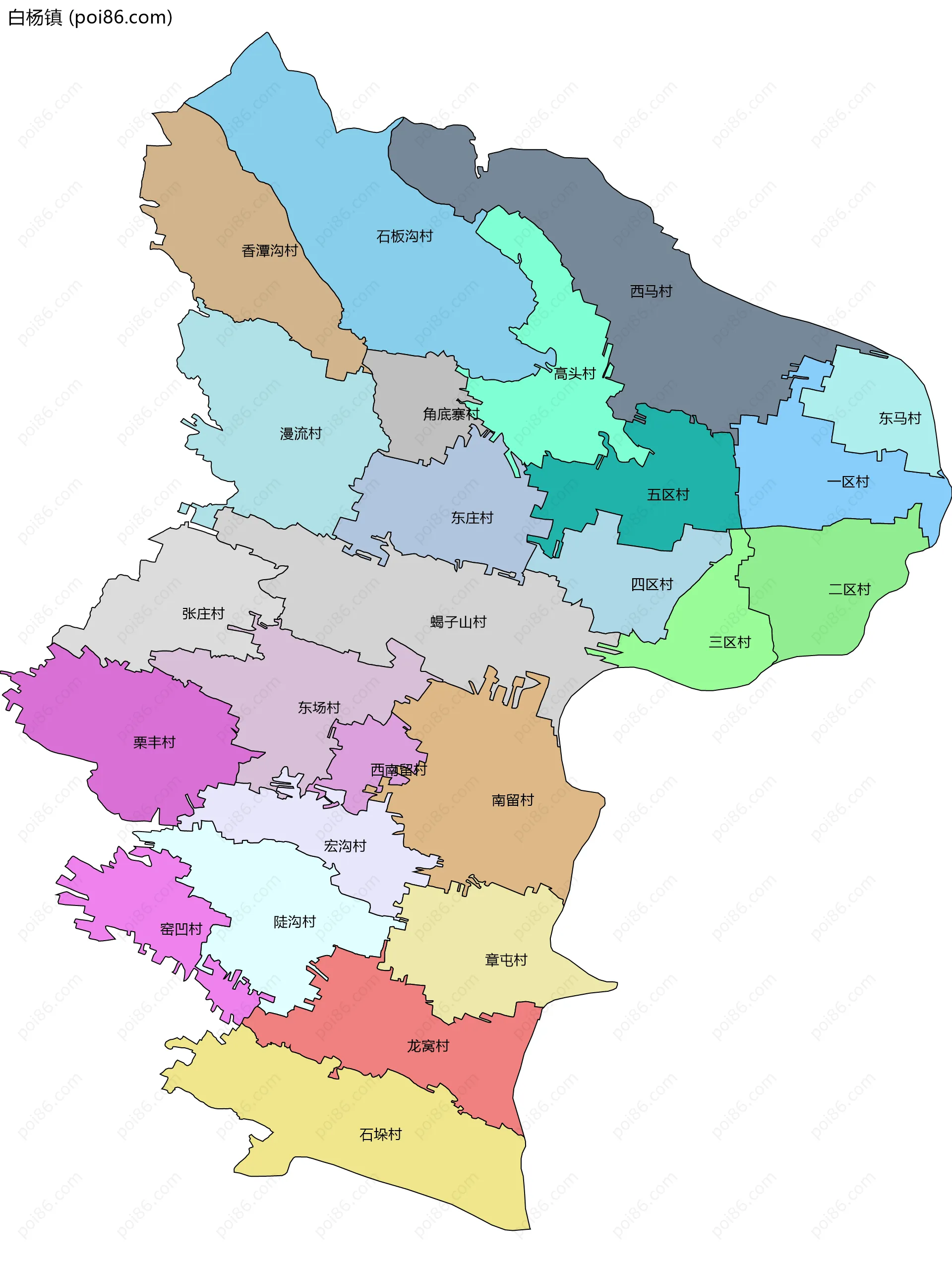 白杨镇边界地图(五级行政区划)