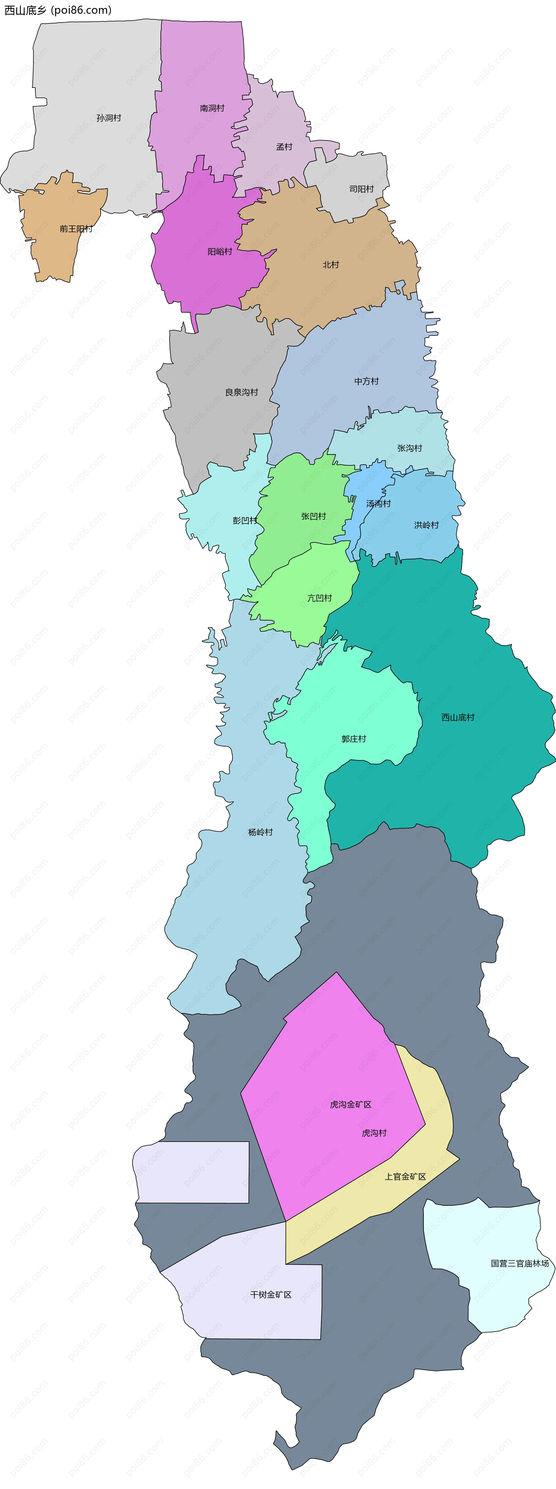 西山底乡边界地图(五级行政区划)