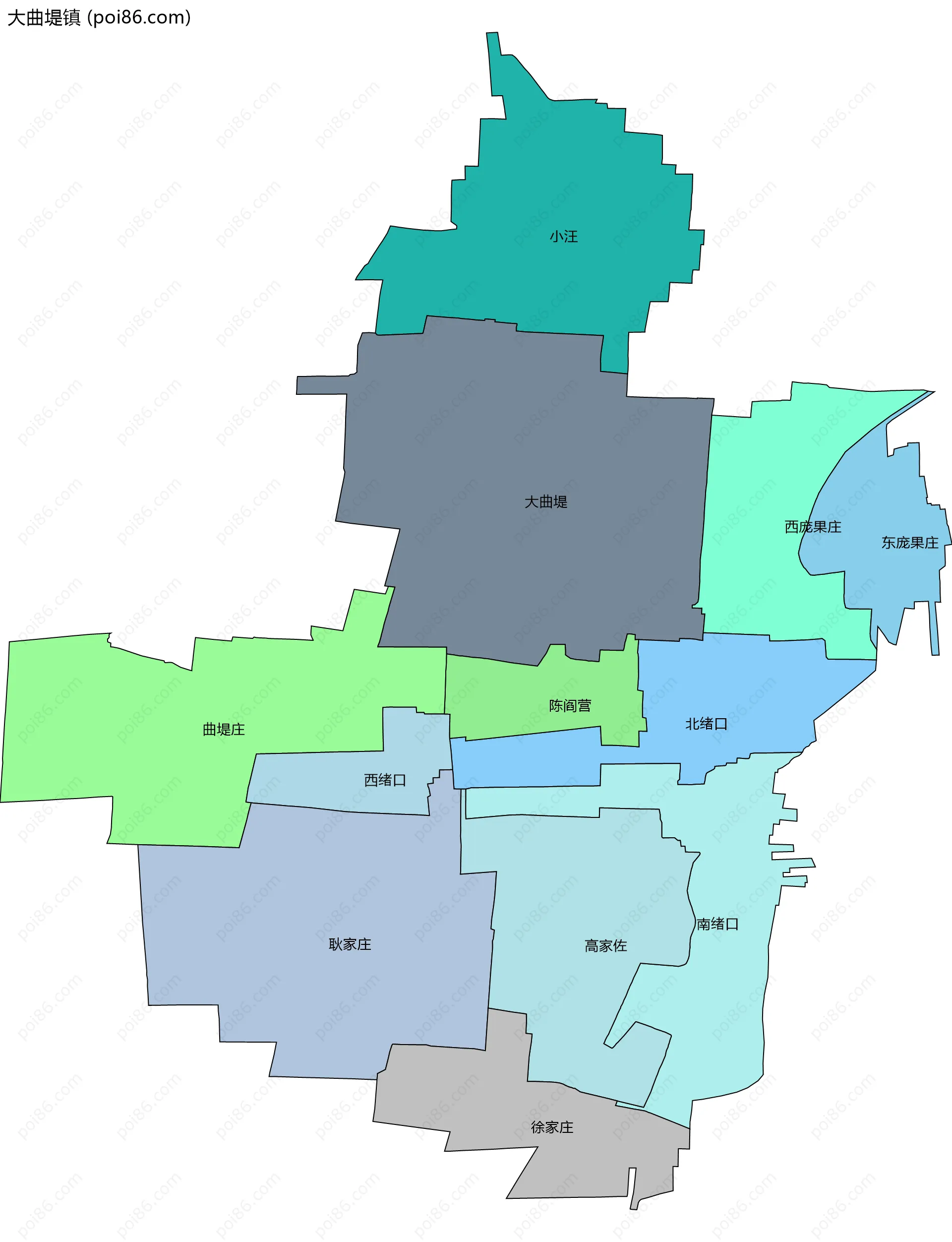 大曲堤镇边界地图(五级行政区划)