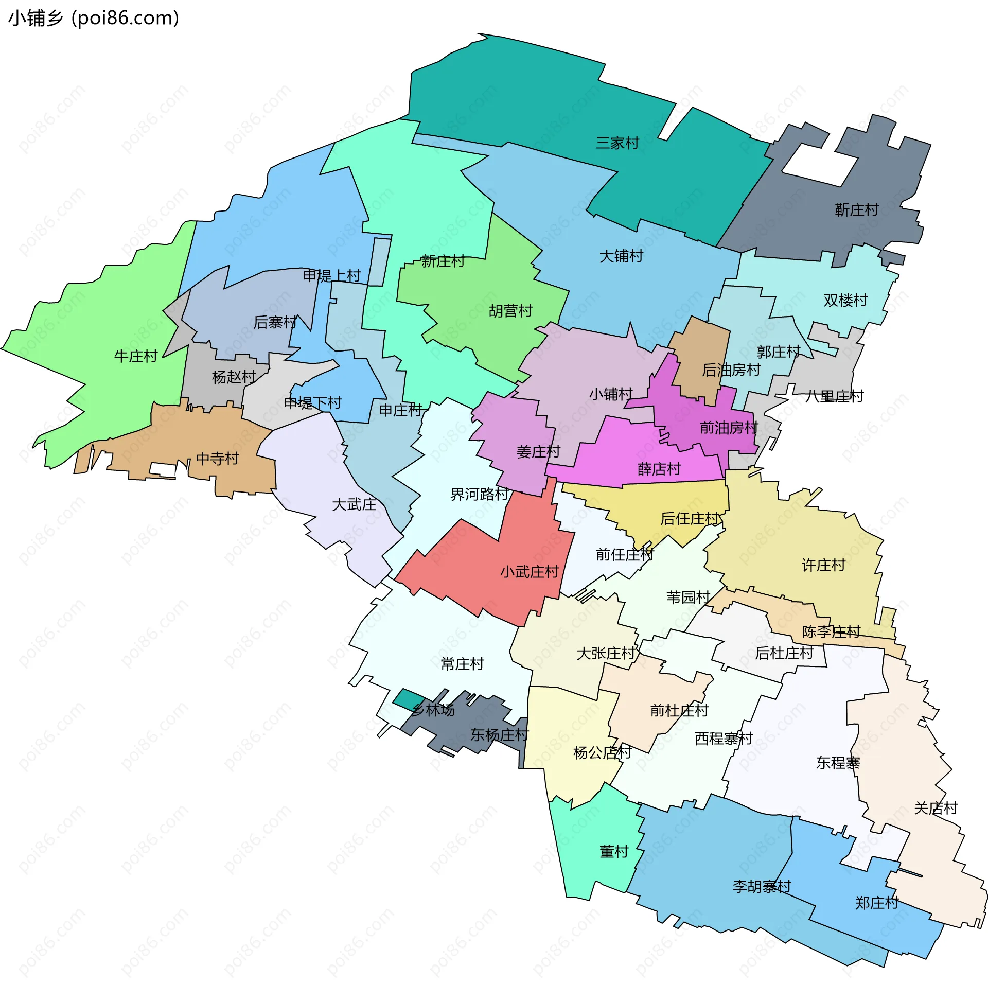 小铺乡边界地图(五级行政区划)