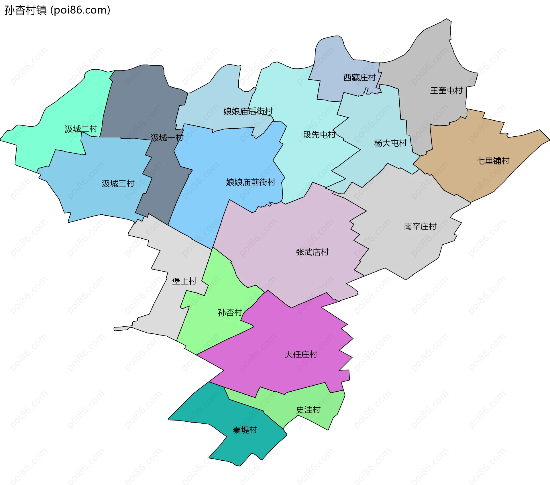 孙杏村镇边界地图(五级行政区划)