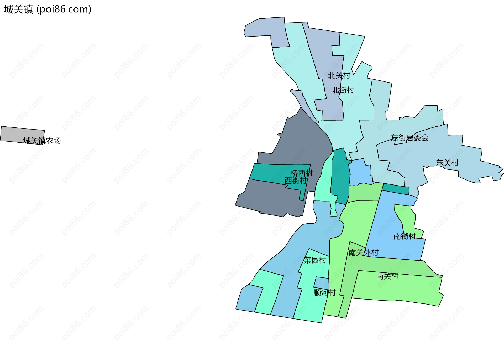 城关镇边界地图(五级行政区划)