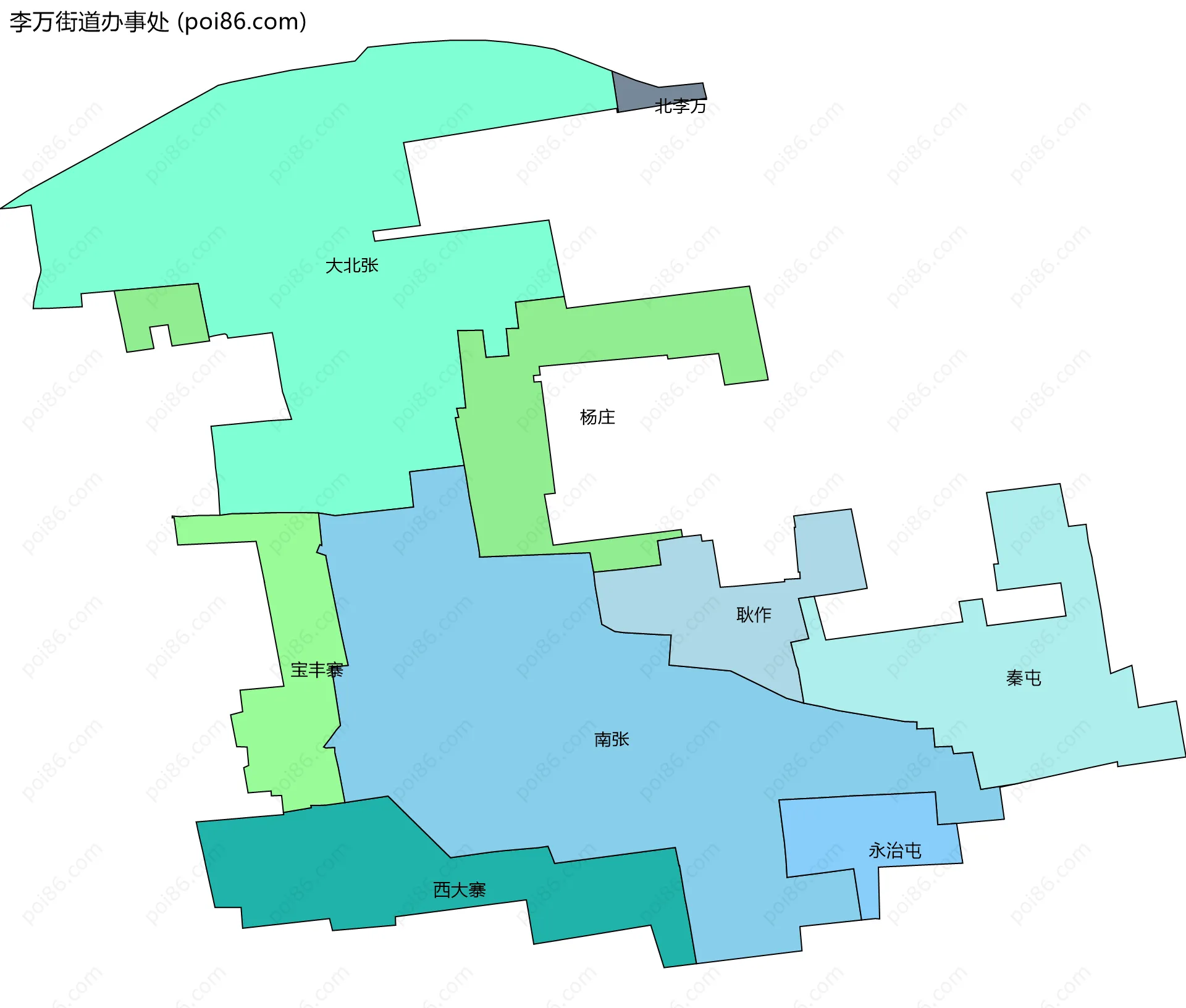李万街道办事处边界地图(五级行政区划)