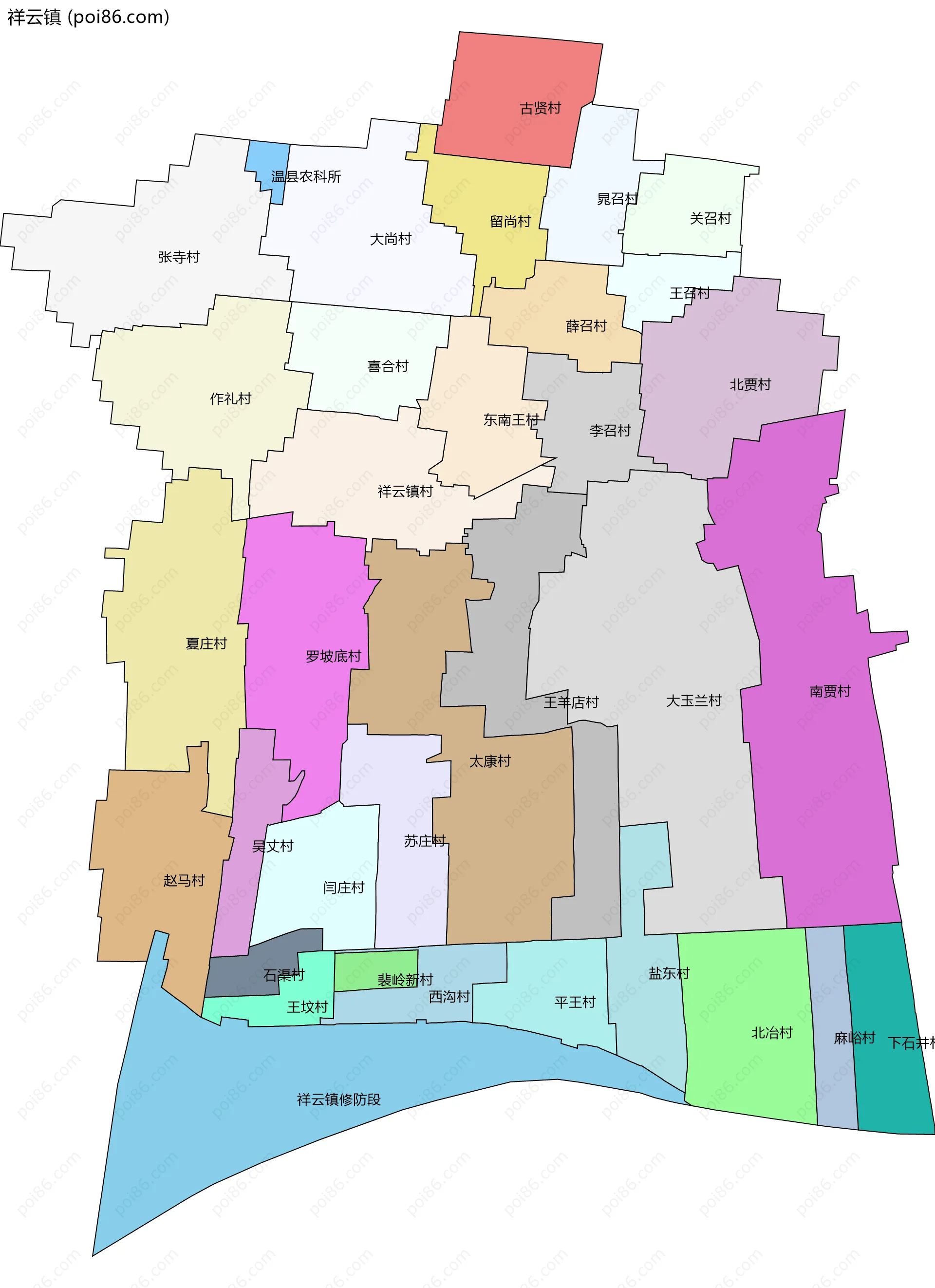 祥云镇边界地图(五级行政区划)